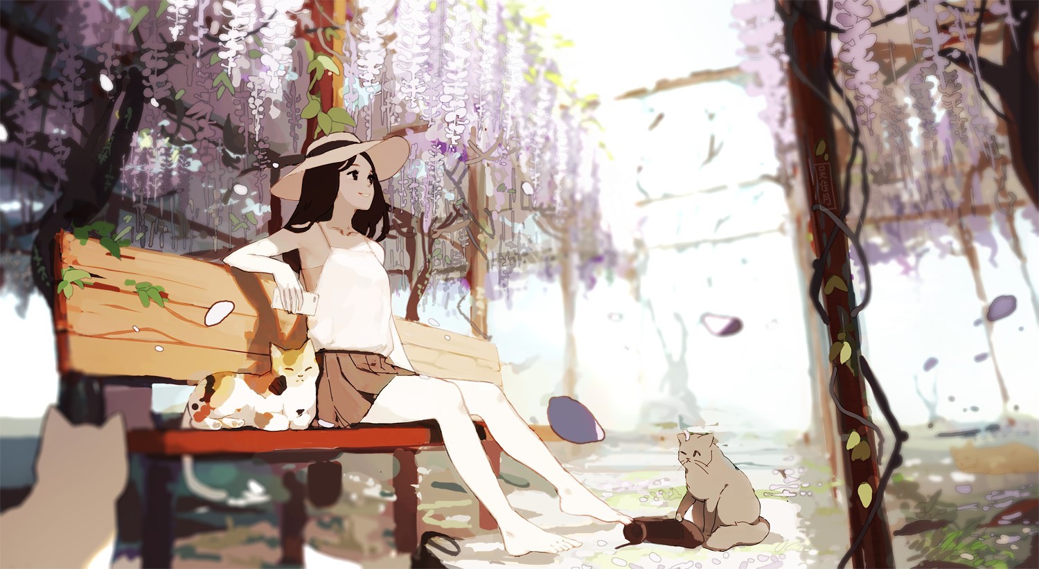 Anime girl with cats sitting on a bench under wisteria HD Wallpaper