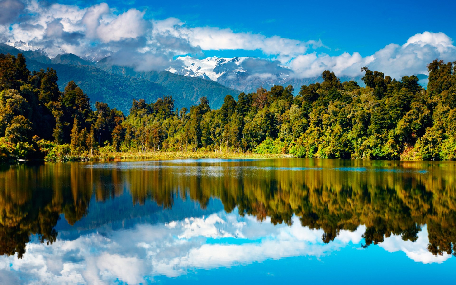 Lake reflection of forest and snow-capped mountains HD Wallpaper