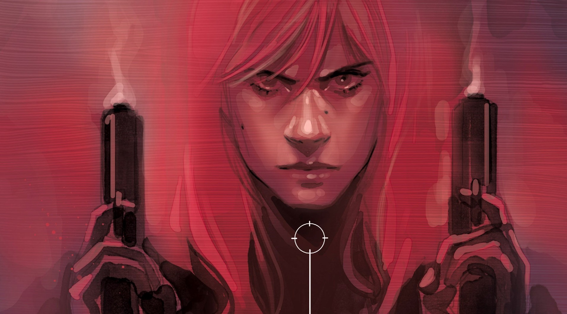 Black Widow holding two smoking guns HD Wallpaper