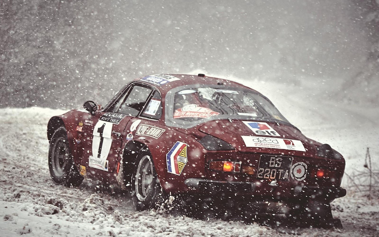 Red Renault Alpine rally car in snow HD Wallpaper