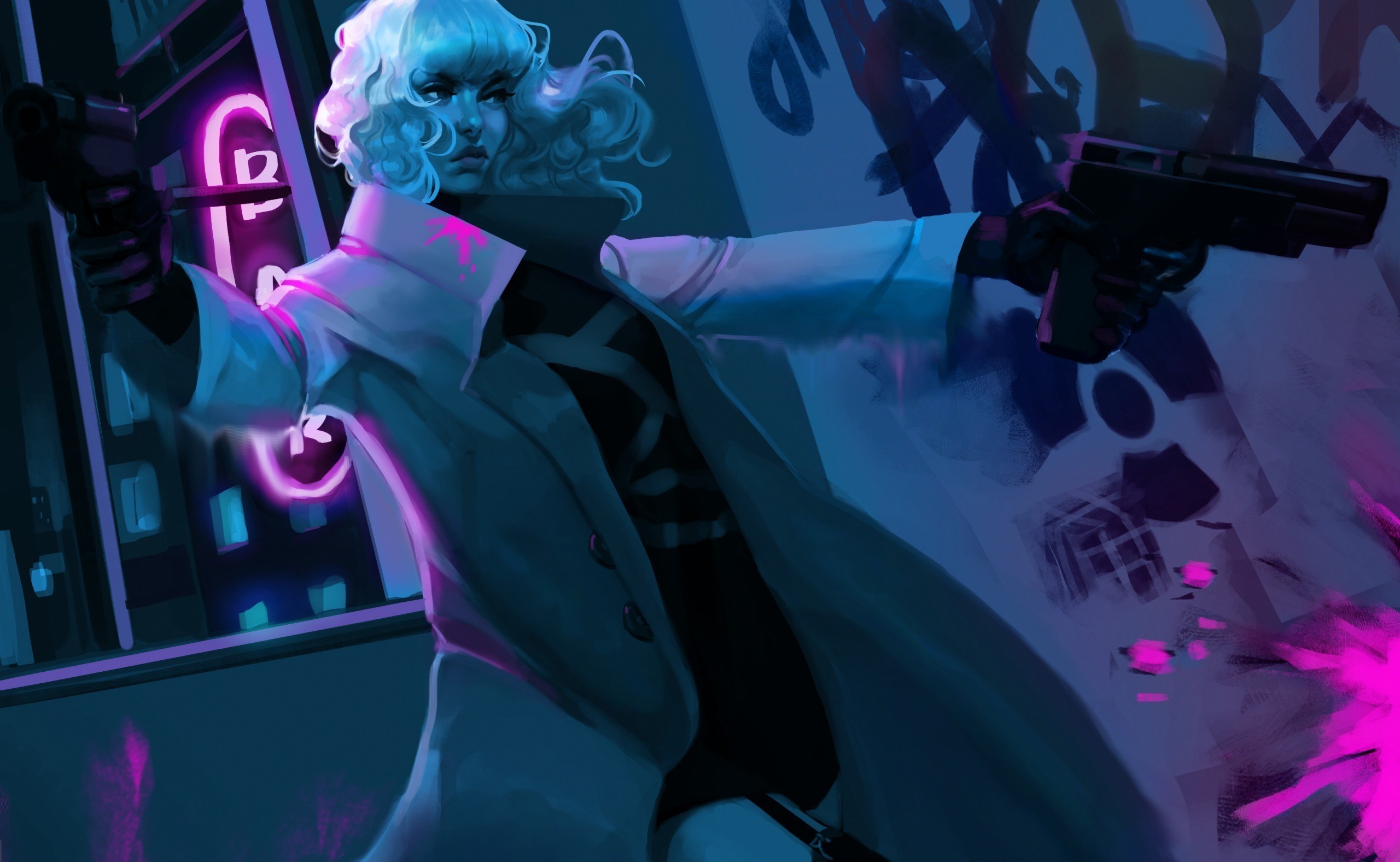 Woman with guns in a neon-lit city HD Wallpaper