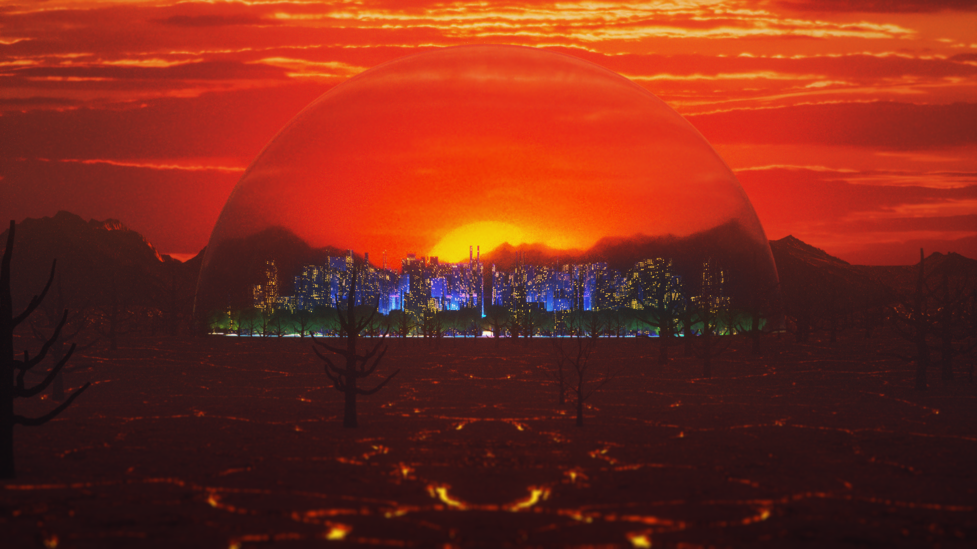 Cityscape under a dome during a lava sunset HD Wallpaper