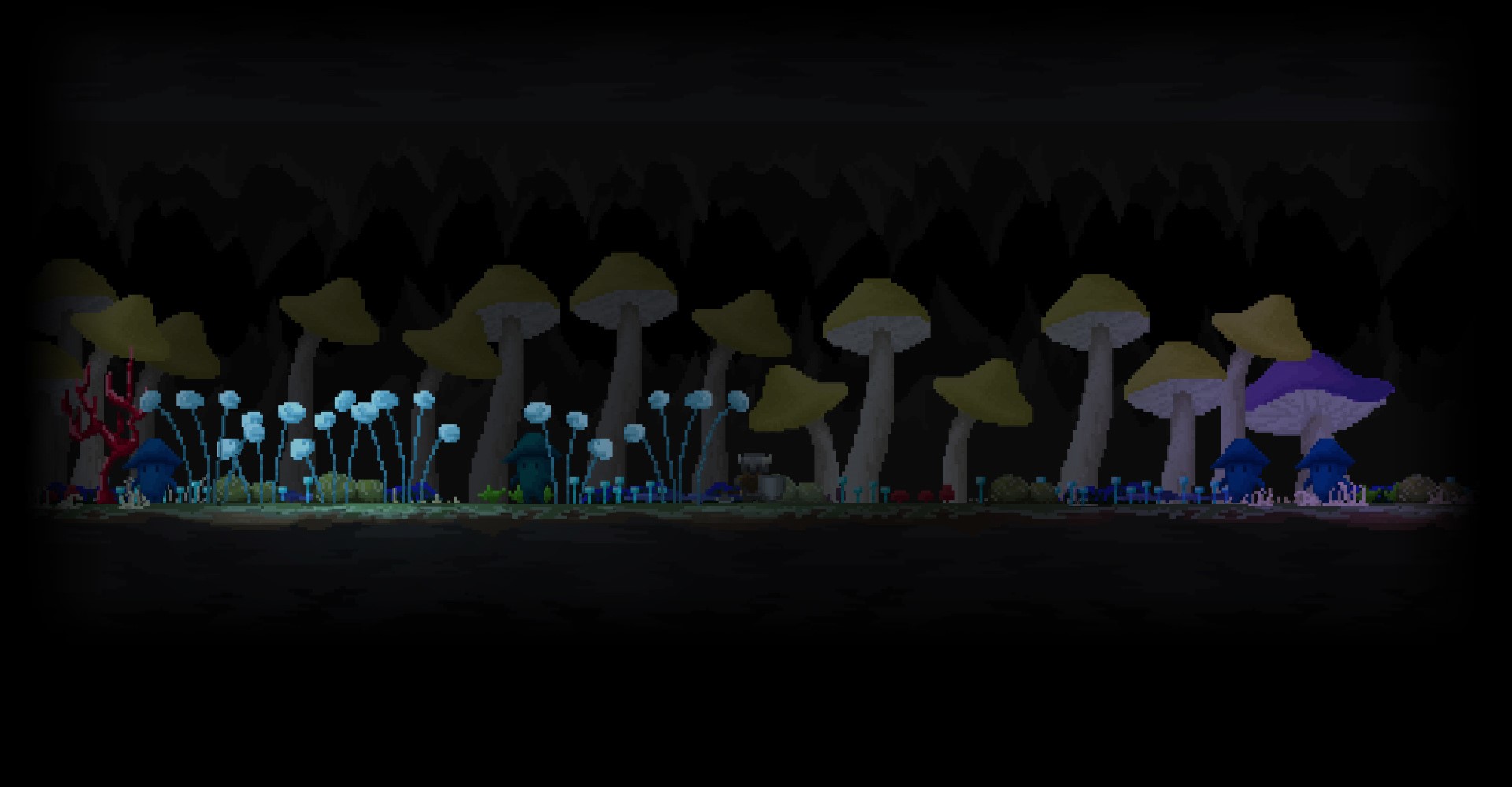 Pixel art of a dark cave with glowing mushrooms HD Wallpaper