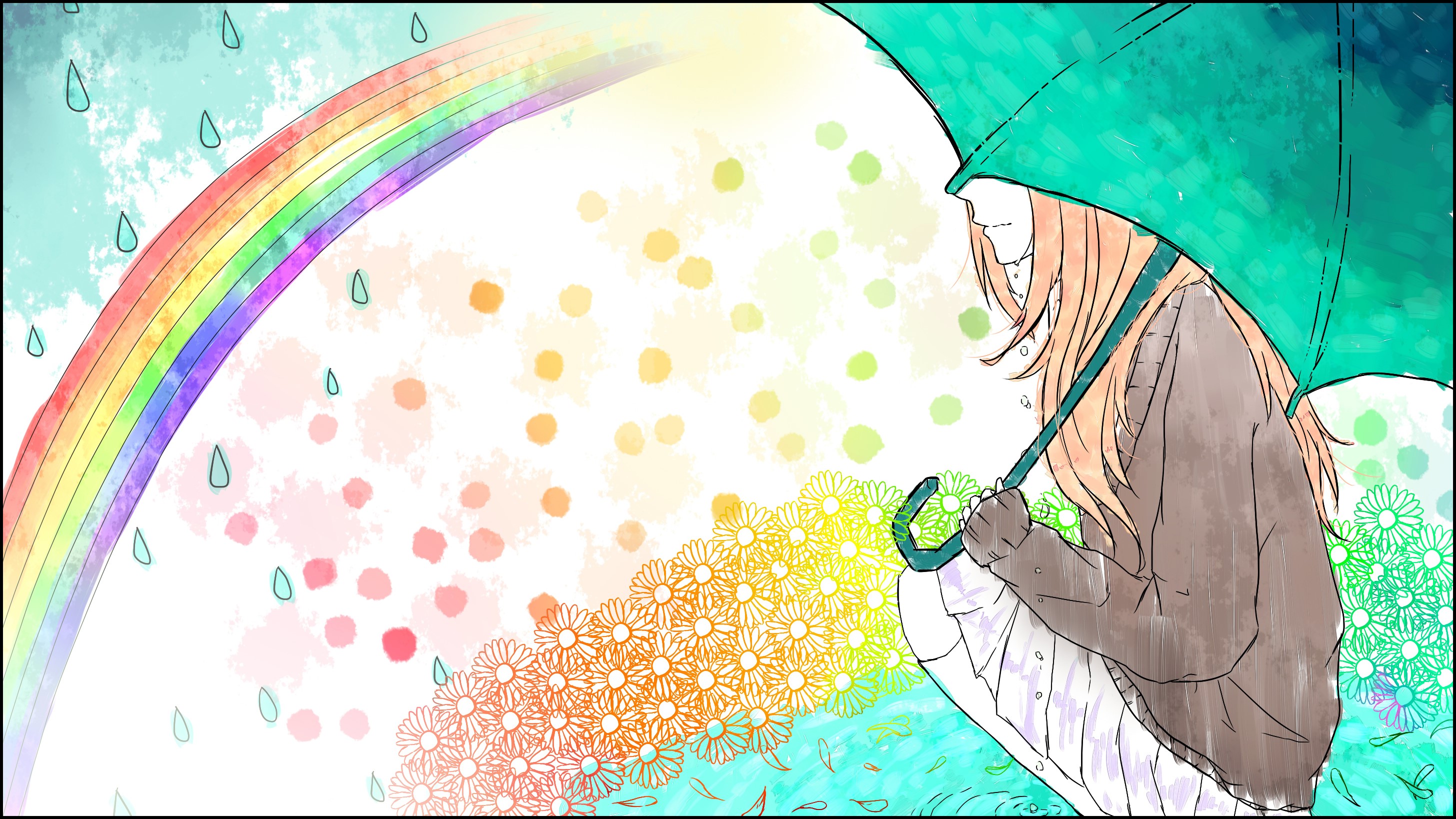 Girl with umbrella in the rain with rainbow and flowers HD Wallpaper