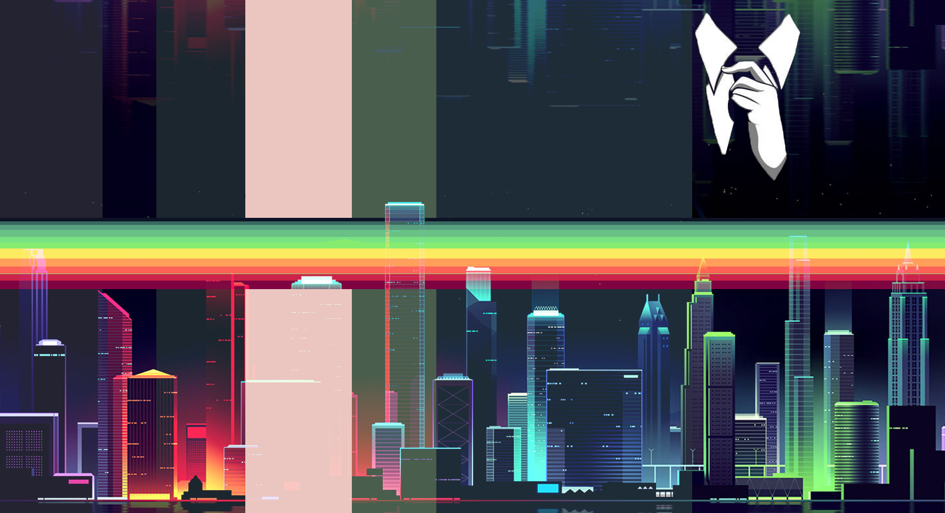 Anonymous figure in a suit over a neon cityscape HD Wallpaper