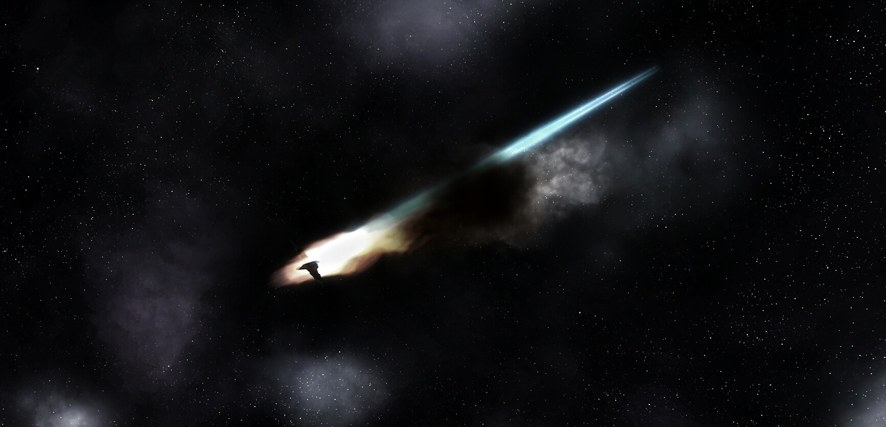 Spaceship leaving a trail of light and smoke in space HD Wallpaper