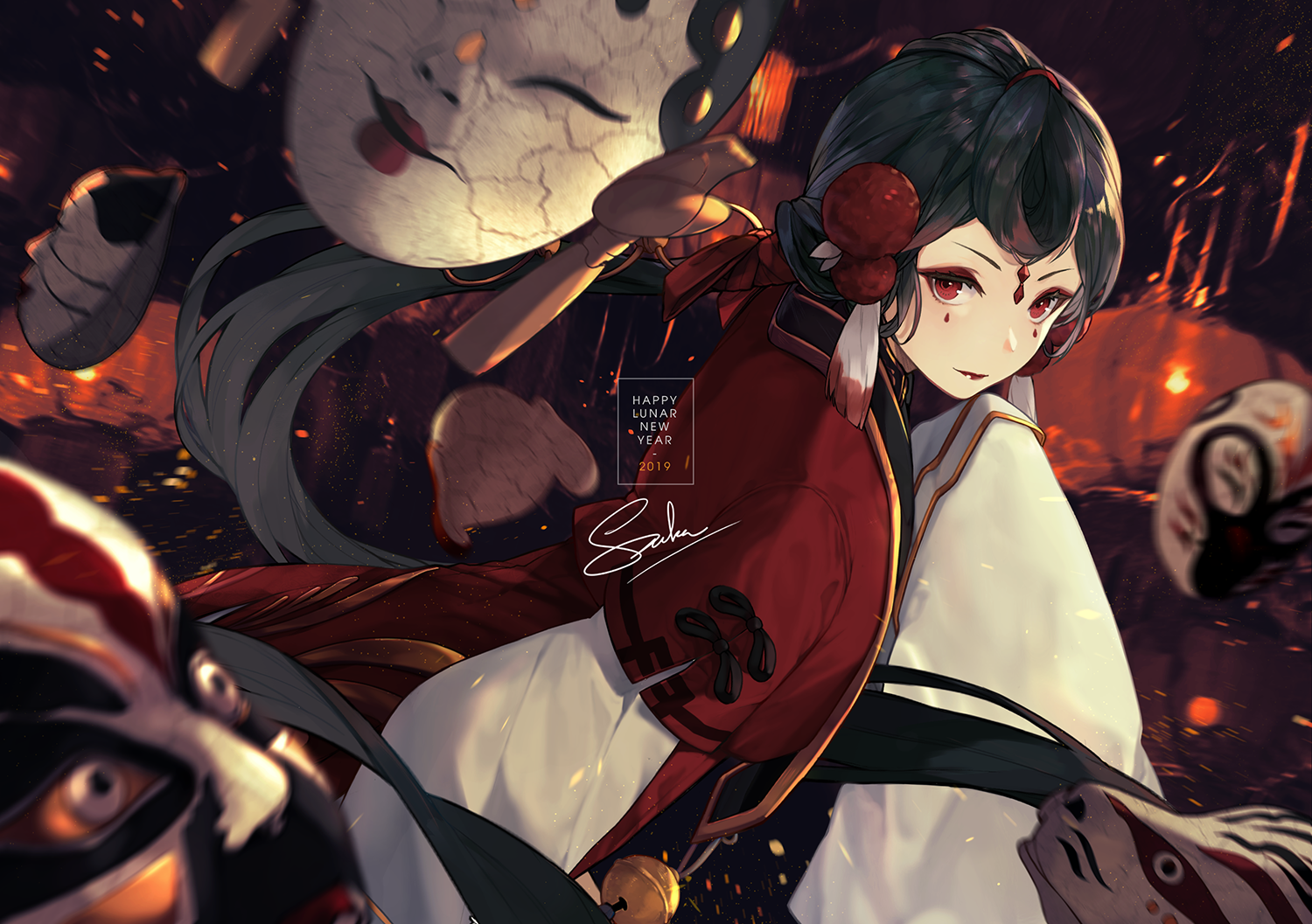 Anime girl with masks for Lunar New Year 2019 HD Wallpaper
