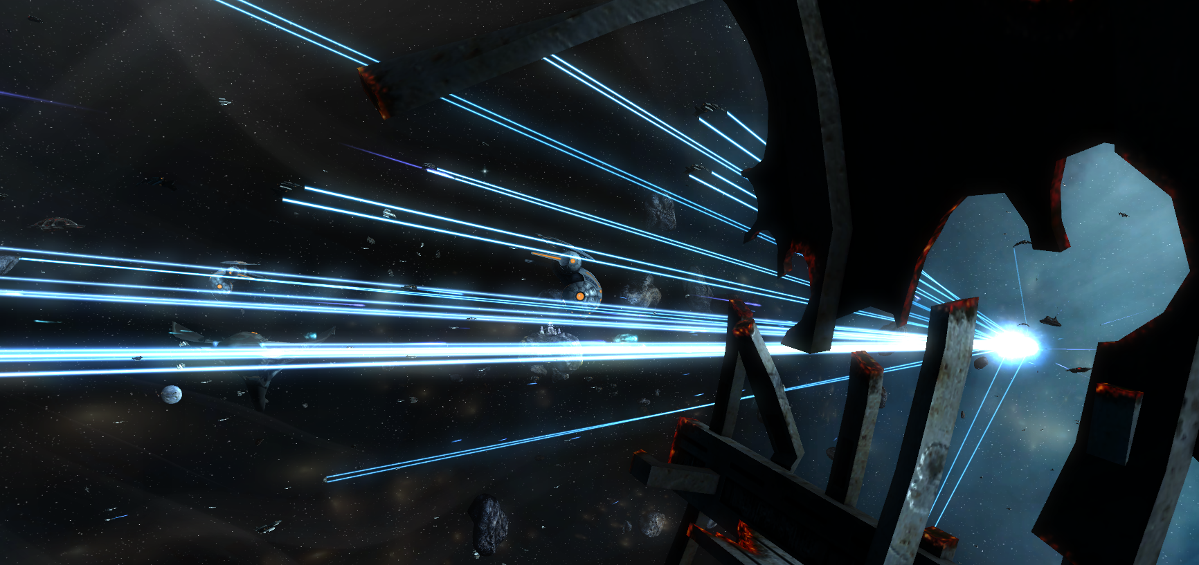 Space battle with blue lasers in Sins of a Solar Empire HD Wallpaper