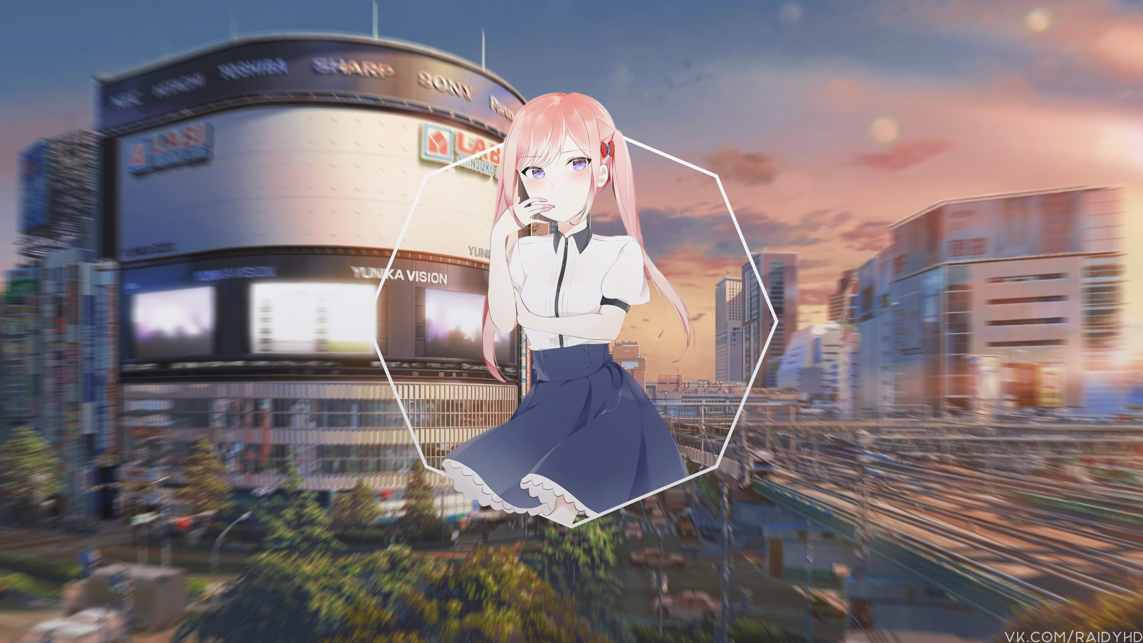Anime girl in front of a city building with advertisements HD Wallpaper
