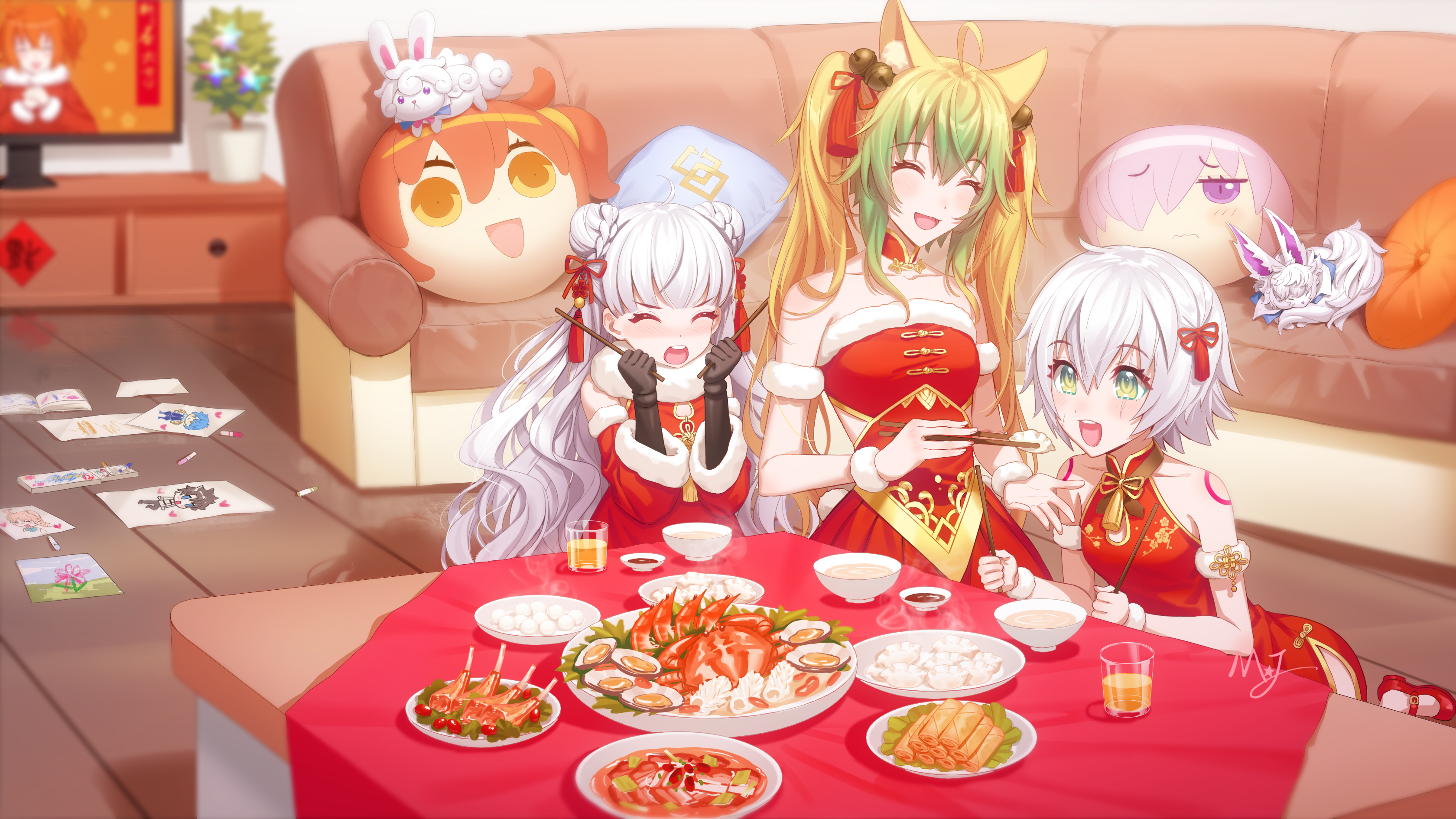 Anime girls celebrating Lunar New Year with food HD Wallpaper