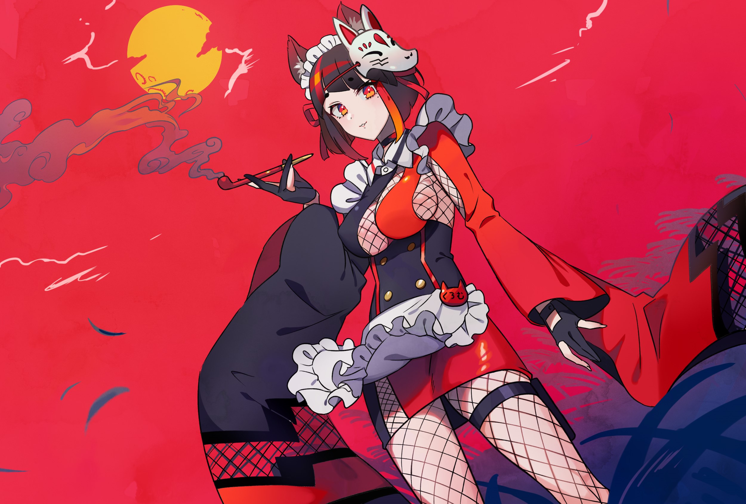 Anime girl with fox mask smoking pipe HD Wallpaper