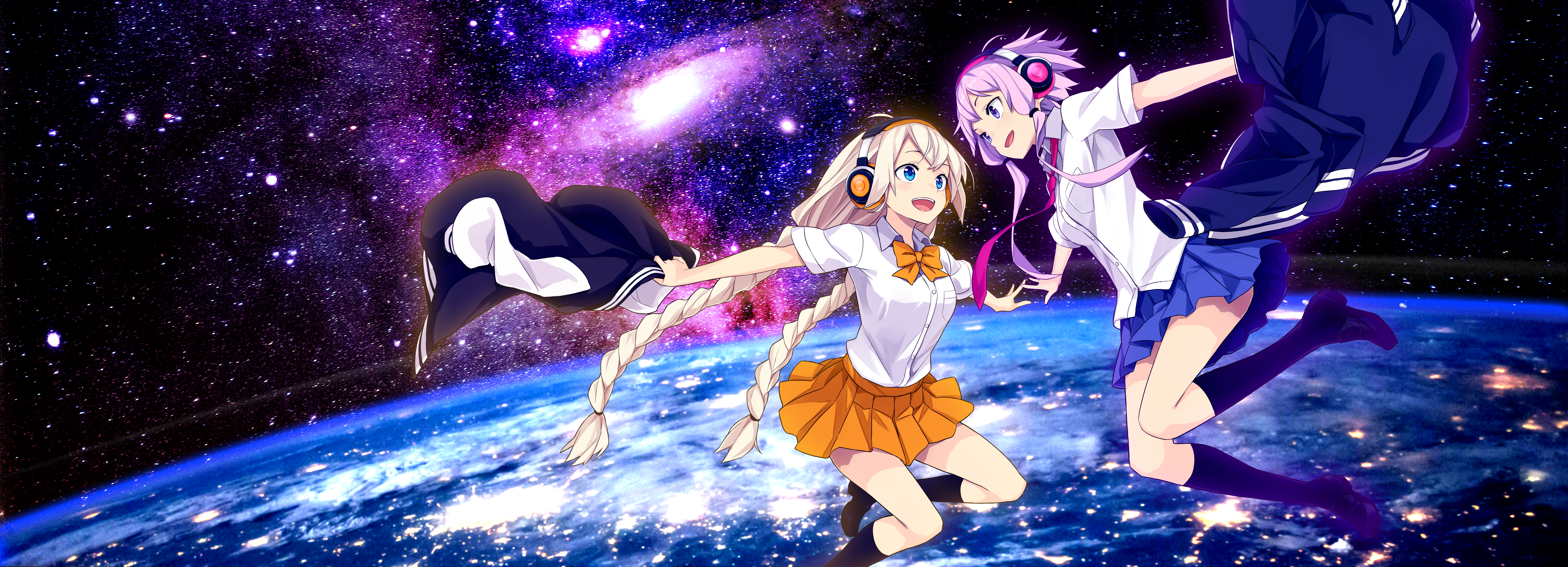 Anime girls with headphones in space above Earth HD Wallpaper