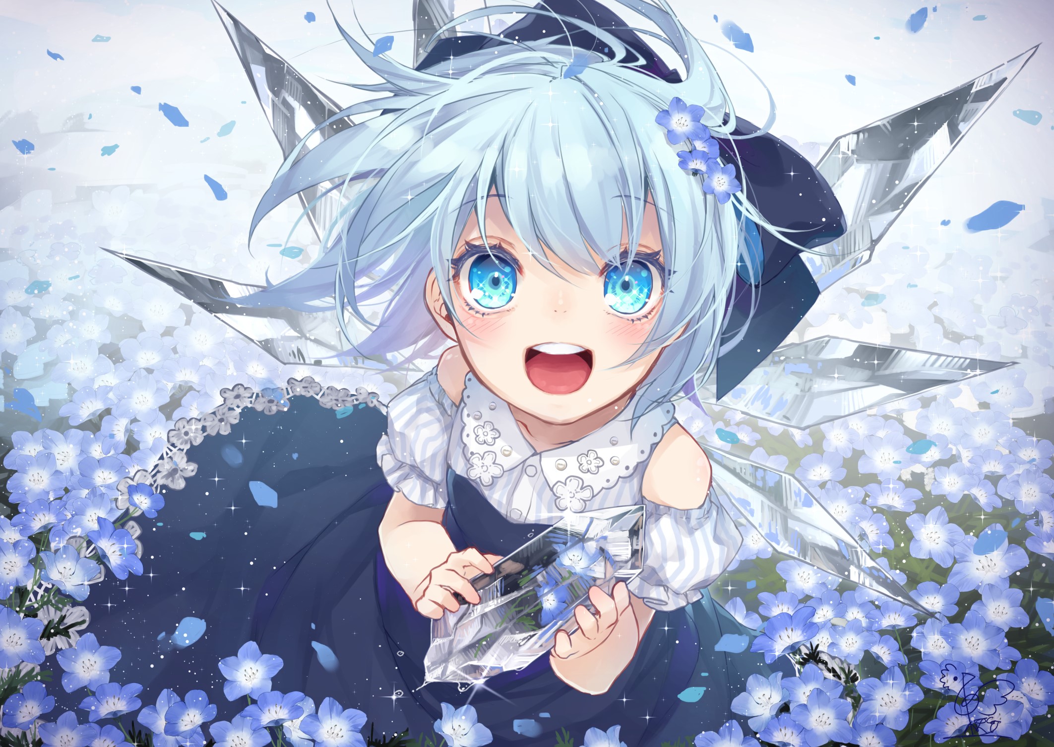 Cirno from Touhou in a field of blue flowers HD Wallpaper