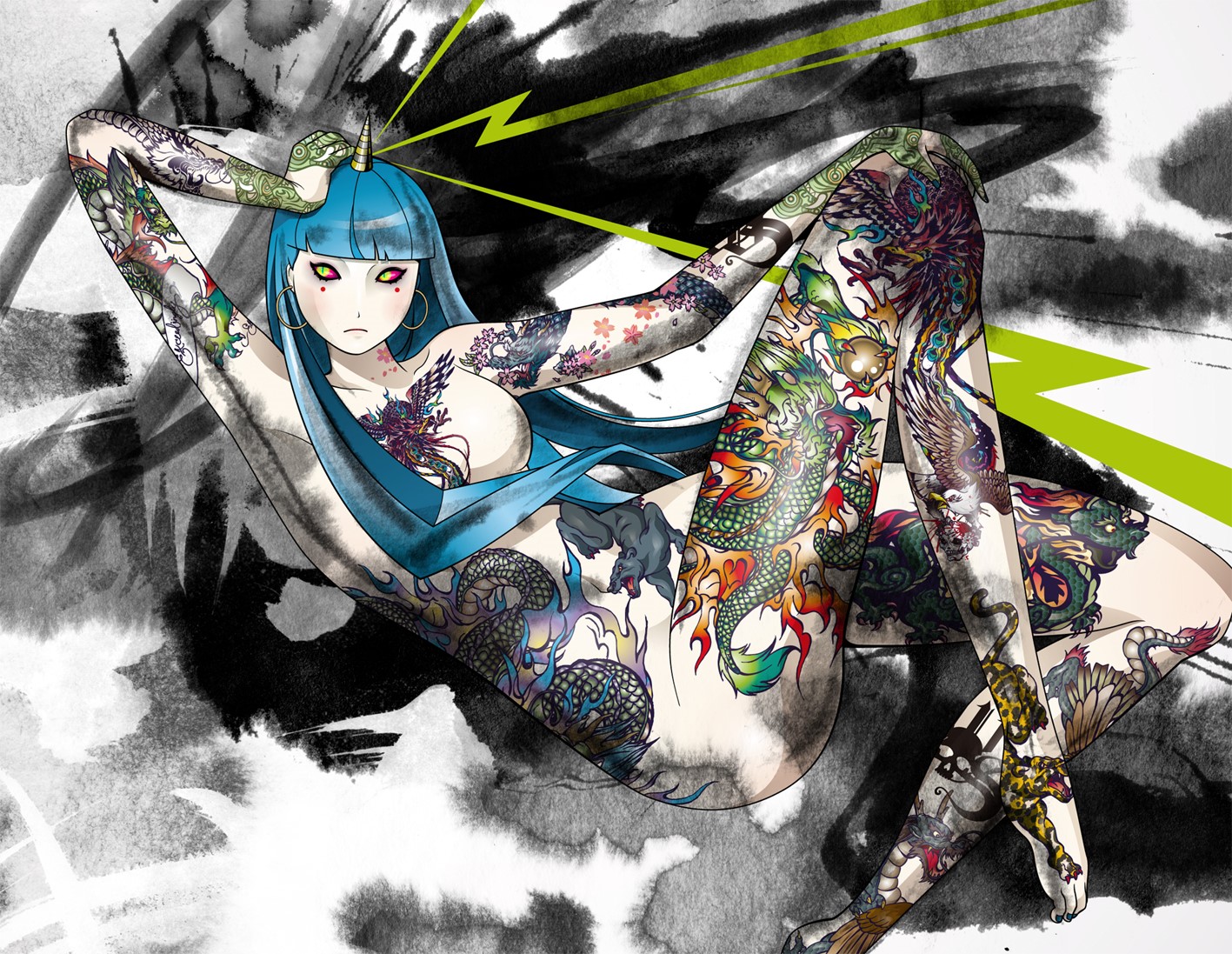 Anime girl with full body tattoos and unicorn horn HD Wallpaper