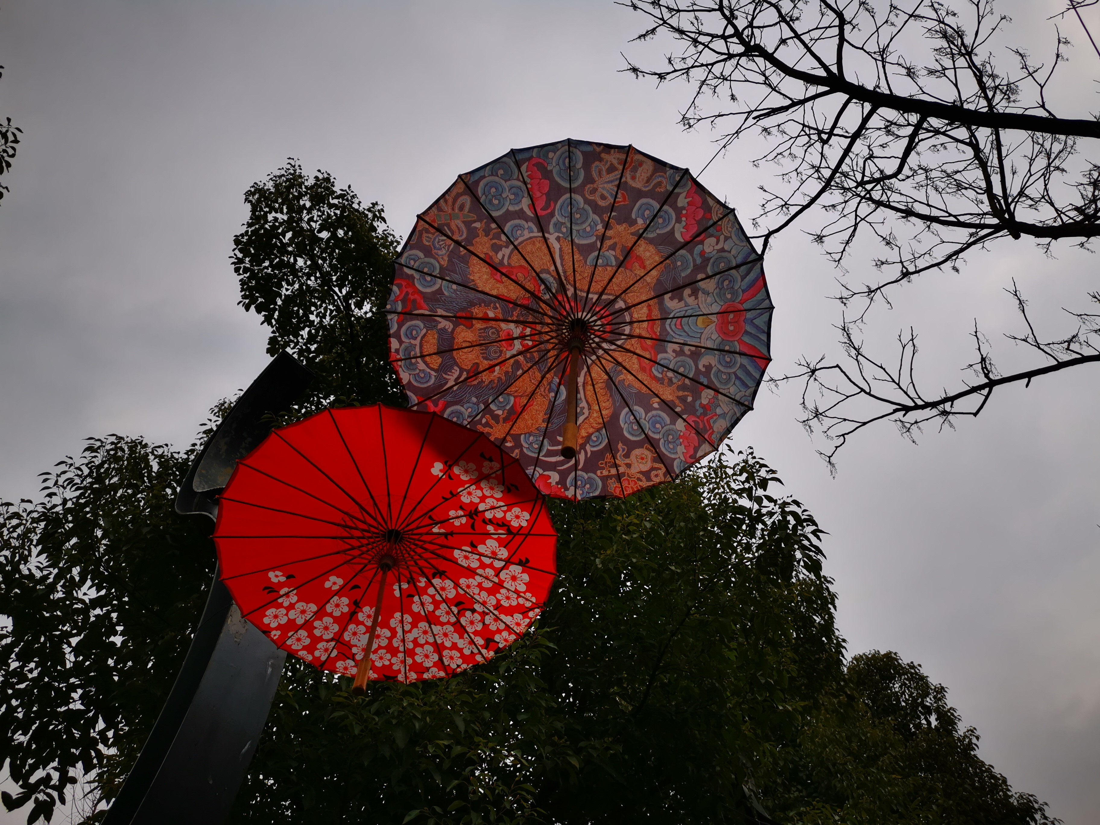Two decorative umbrellas hanging outdoors HD Wallpaper
