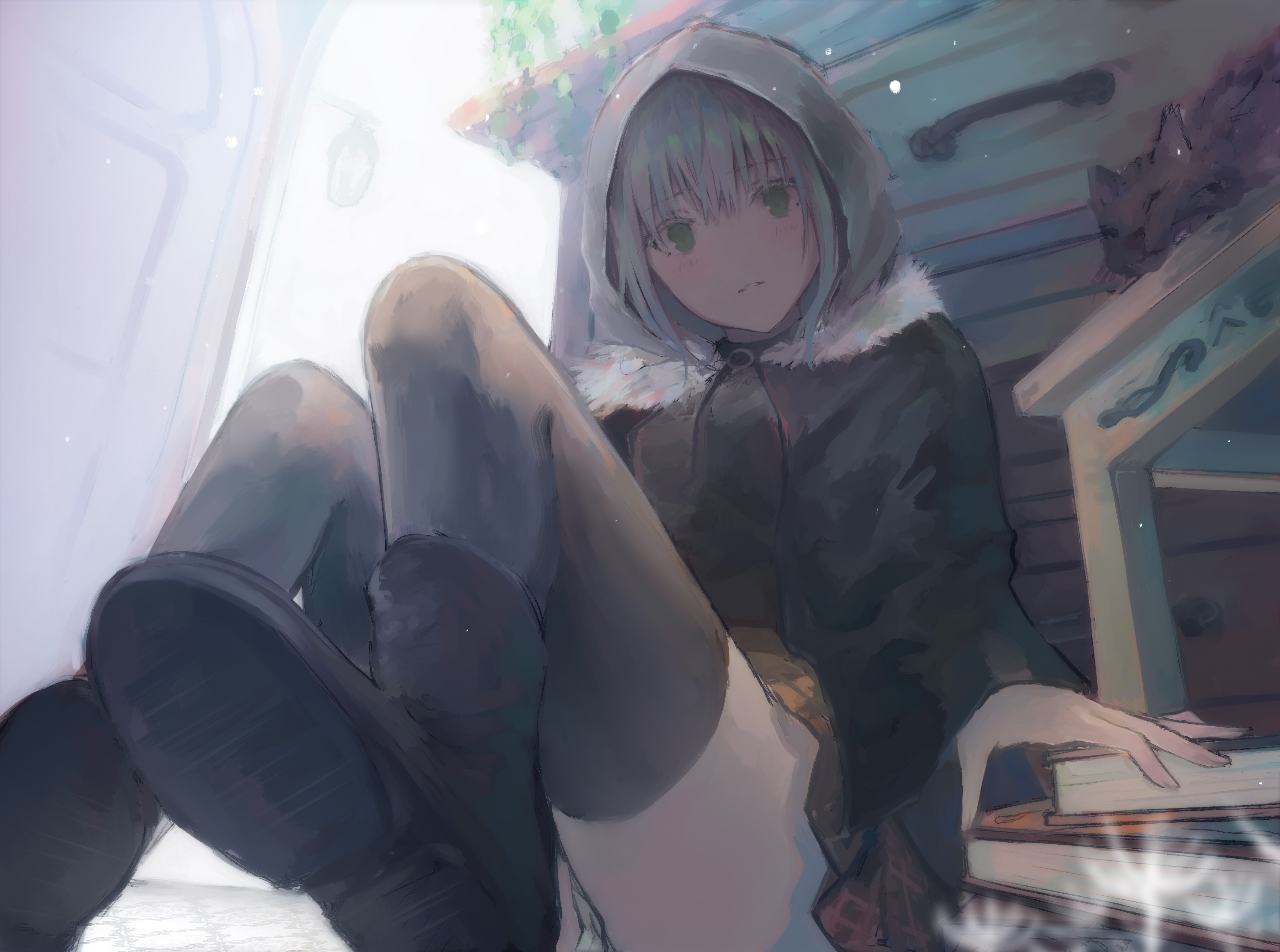 Anime girl with green eyes wearing a hooded coat HD Wallpaper