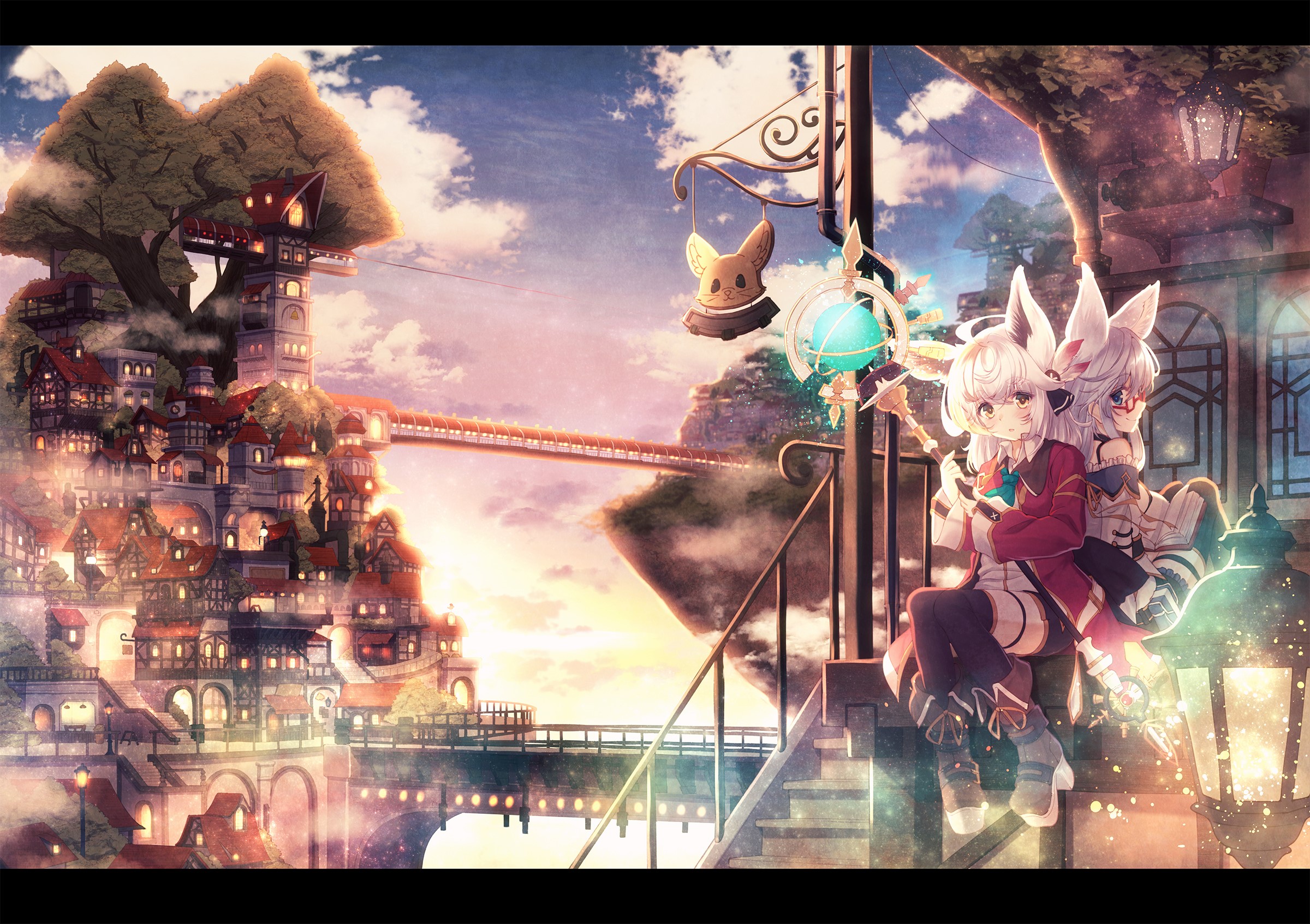 Anime girls with fox ears sitting on stairs HD Wallpaper