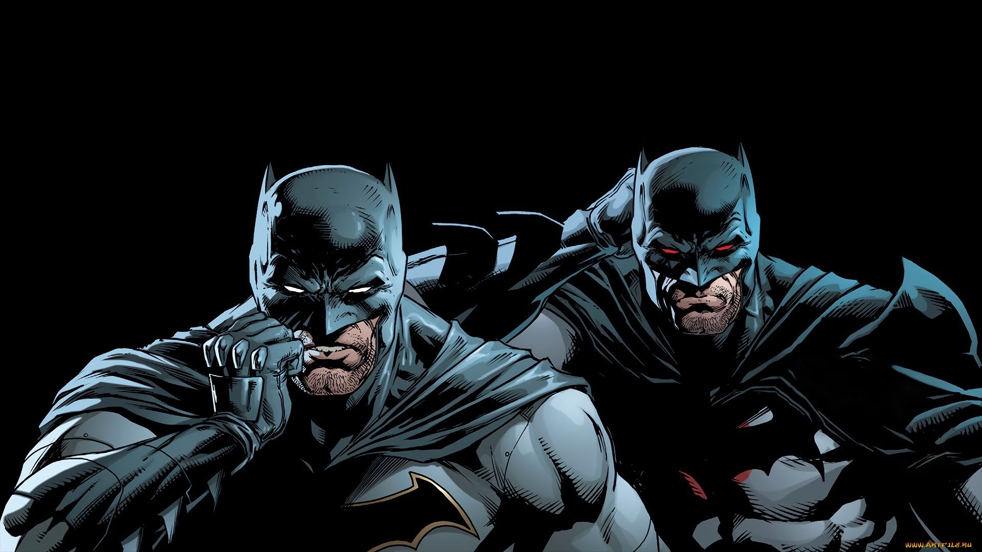 Two Batmen in comic art with red eyes HD Wallpaper