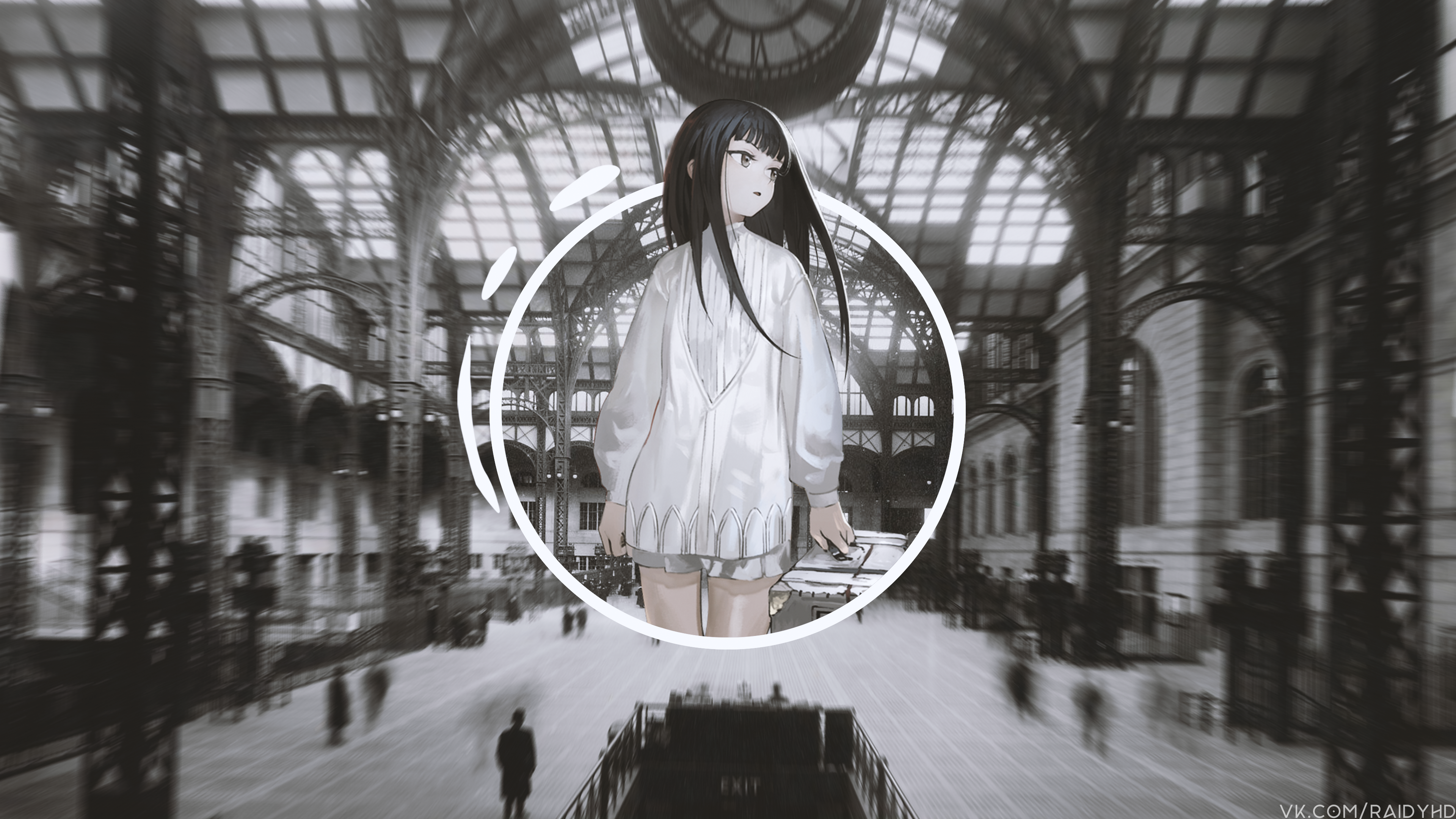 Anime girl in a white sweater at a train station HD Wallpaper