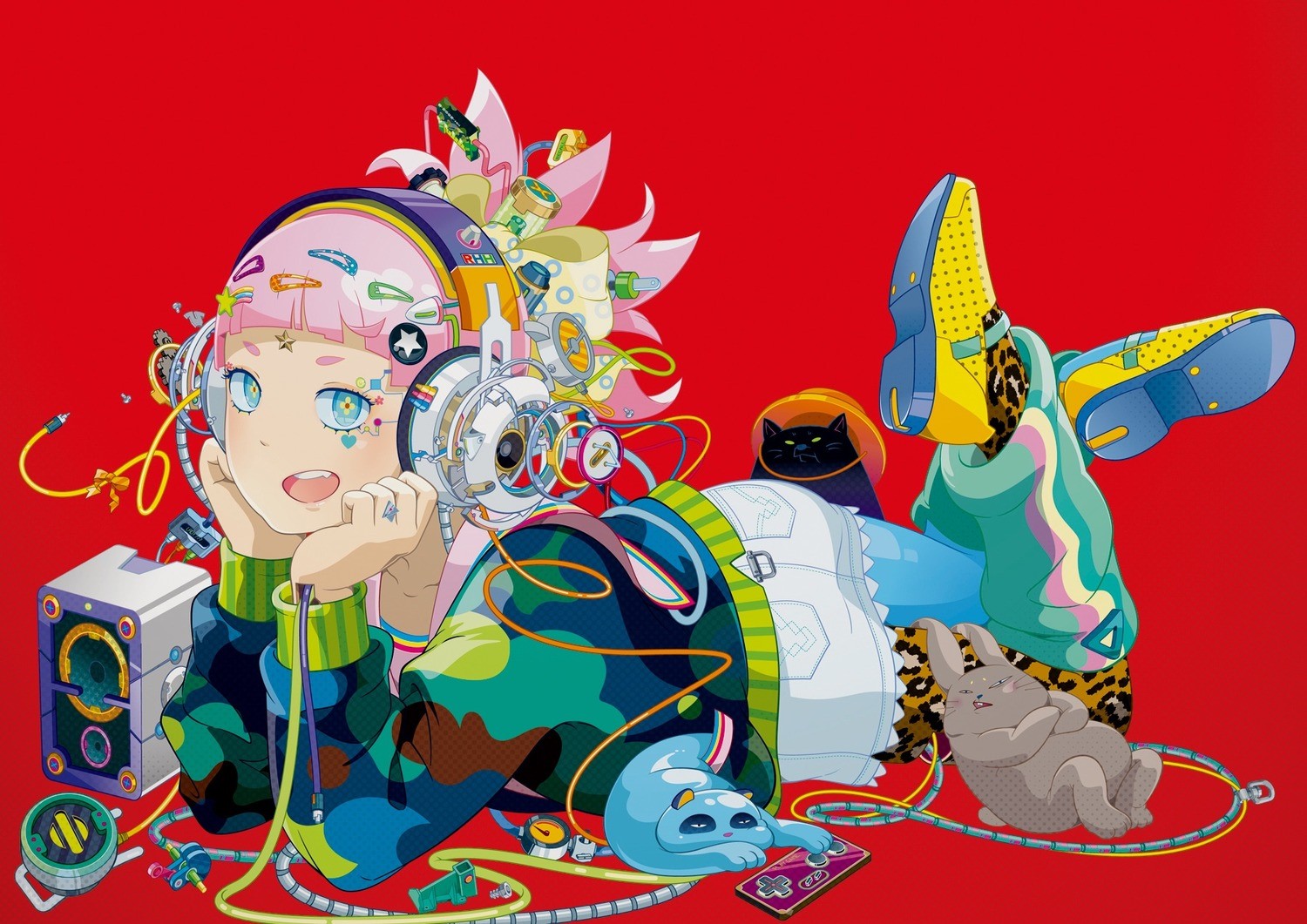 Anime girl with headphones and accessories HD Wallpaper