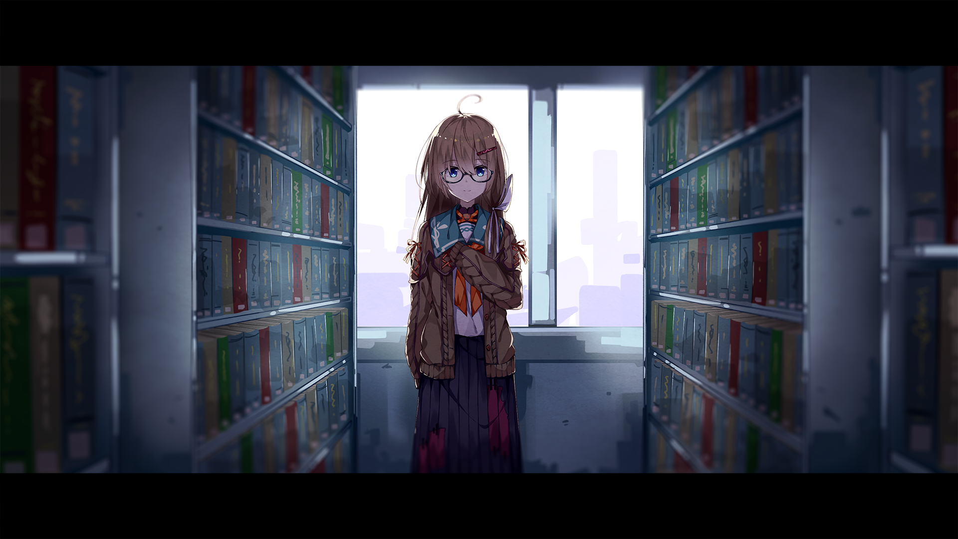 Anime girl with glasses in a library HD Wallpaper