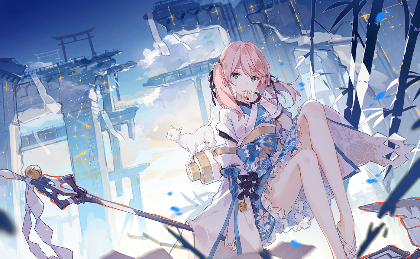 Anime girl with pink hair and cat in a fantasy setting HD Wallpaper