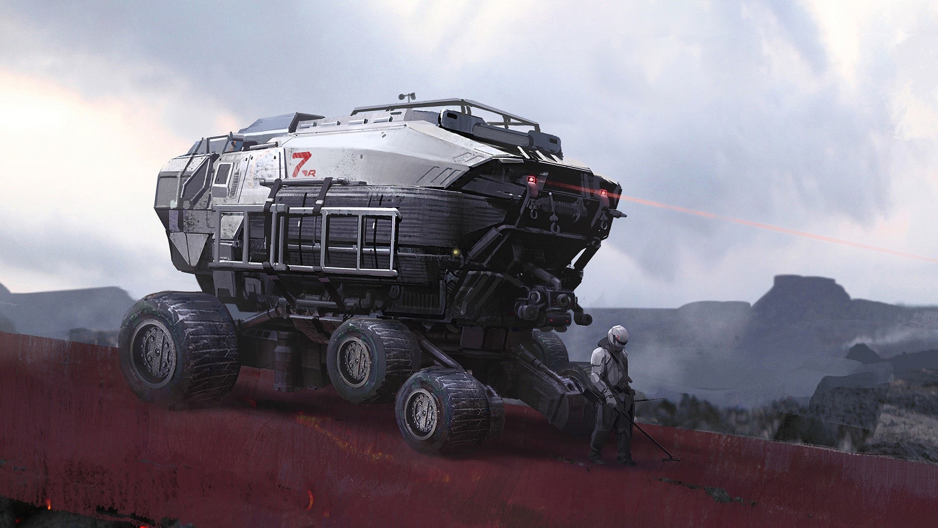 Futuristic vehicle and soldier on alien planet HD Wallpaper