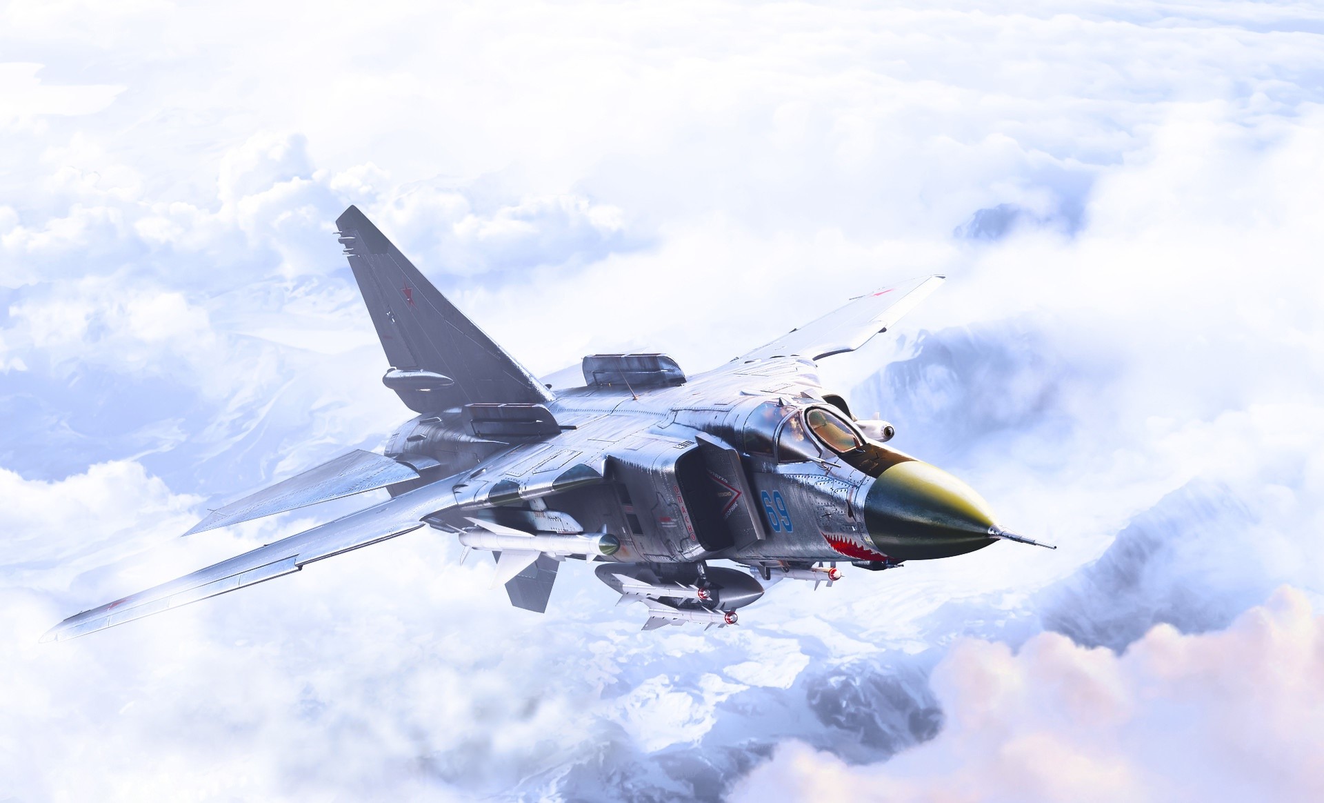 Military aircraft flying through clouds over mountains HD Wallpaper