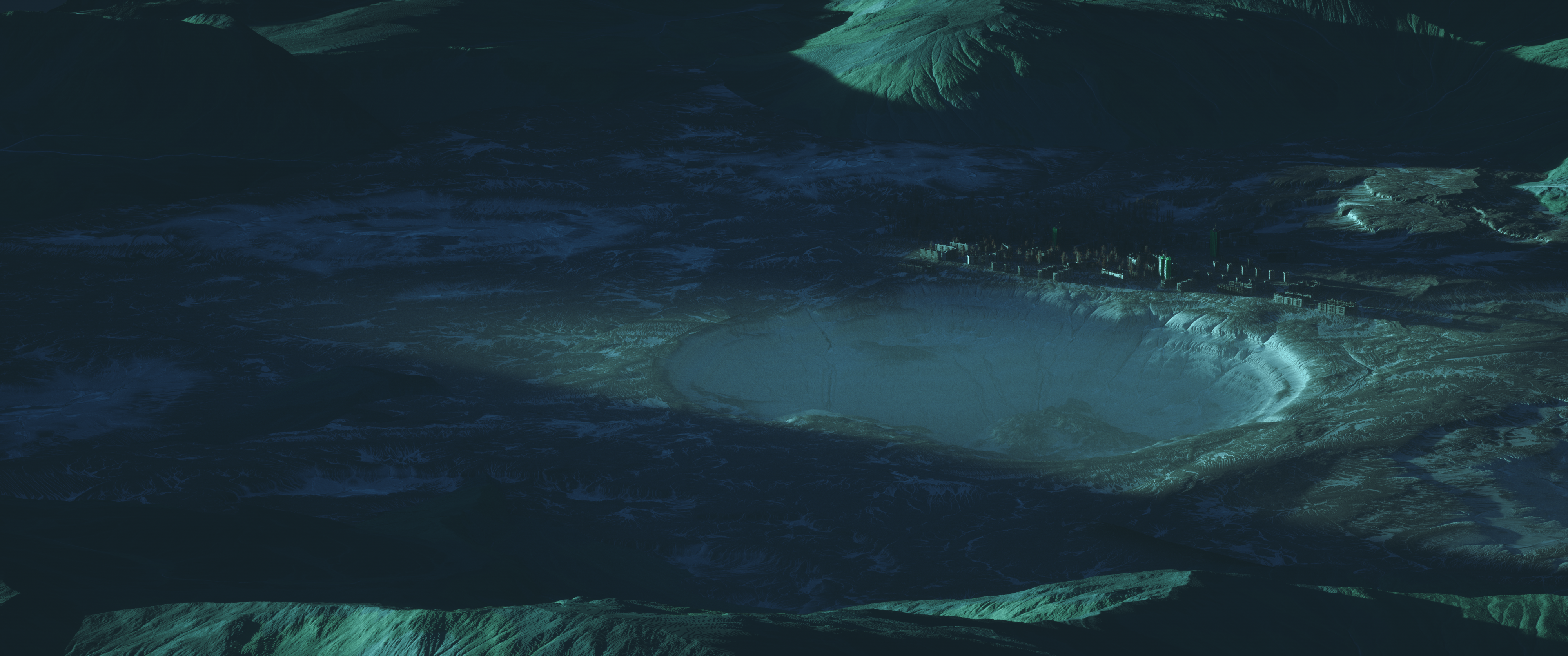 Alien City in a Crater Landscape 4K HD Wallpaper