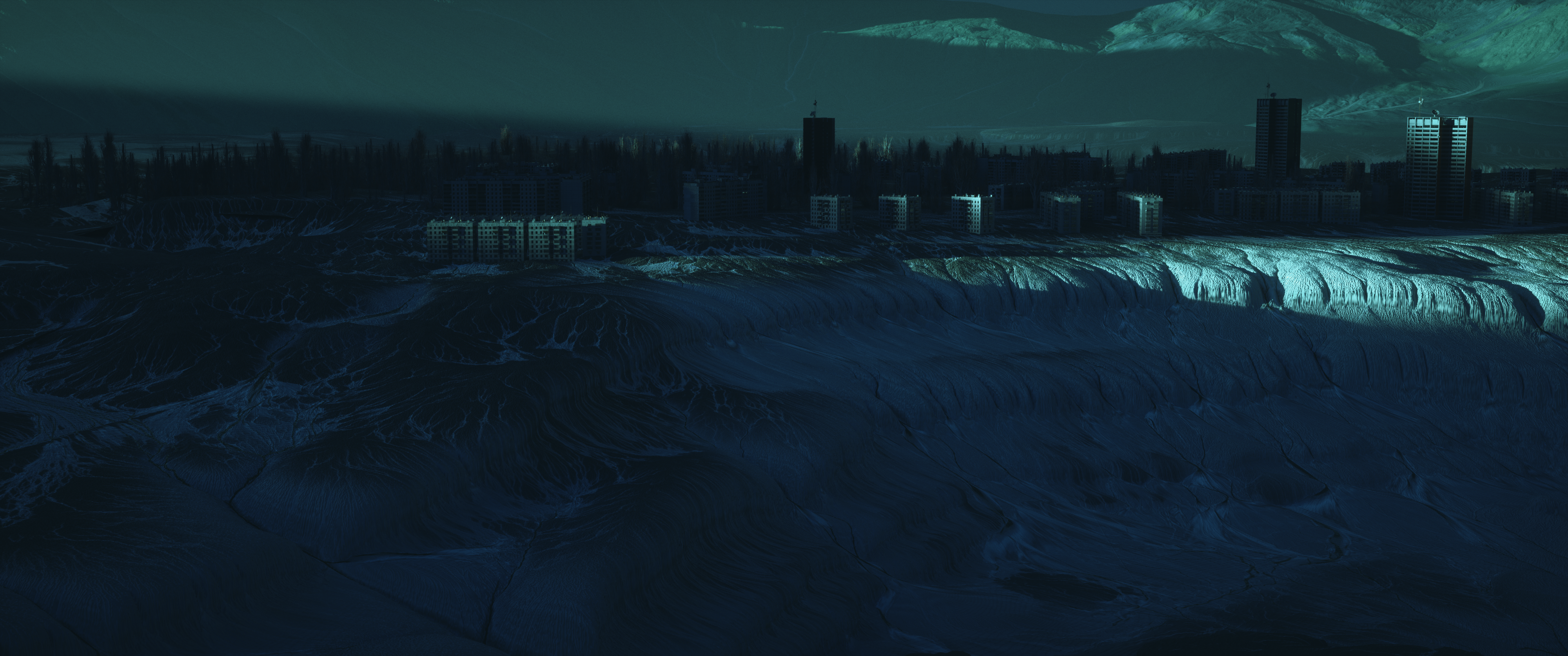 Digital 3D abstract city landscape with mist HD Wallpaper