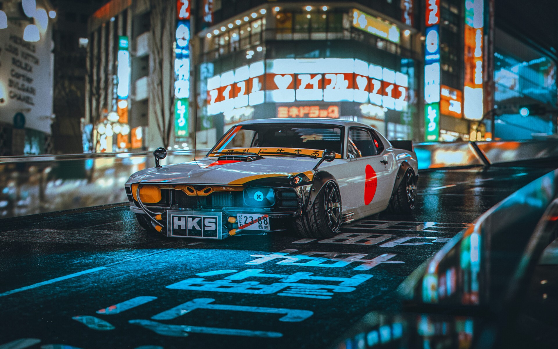 Modified Japanese car in a neon-lit city street HD Wallpaper