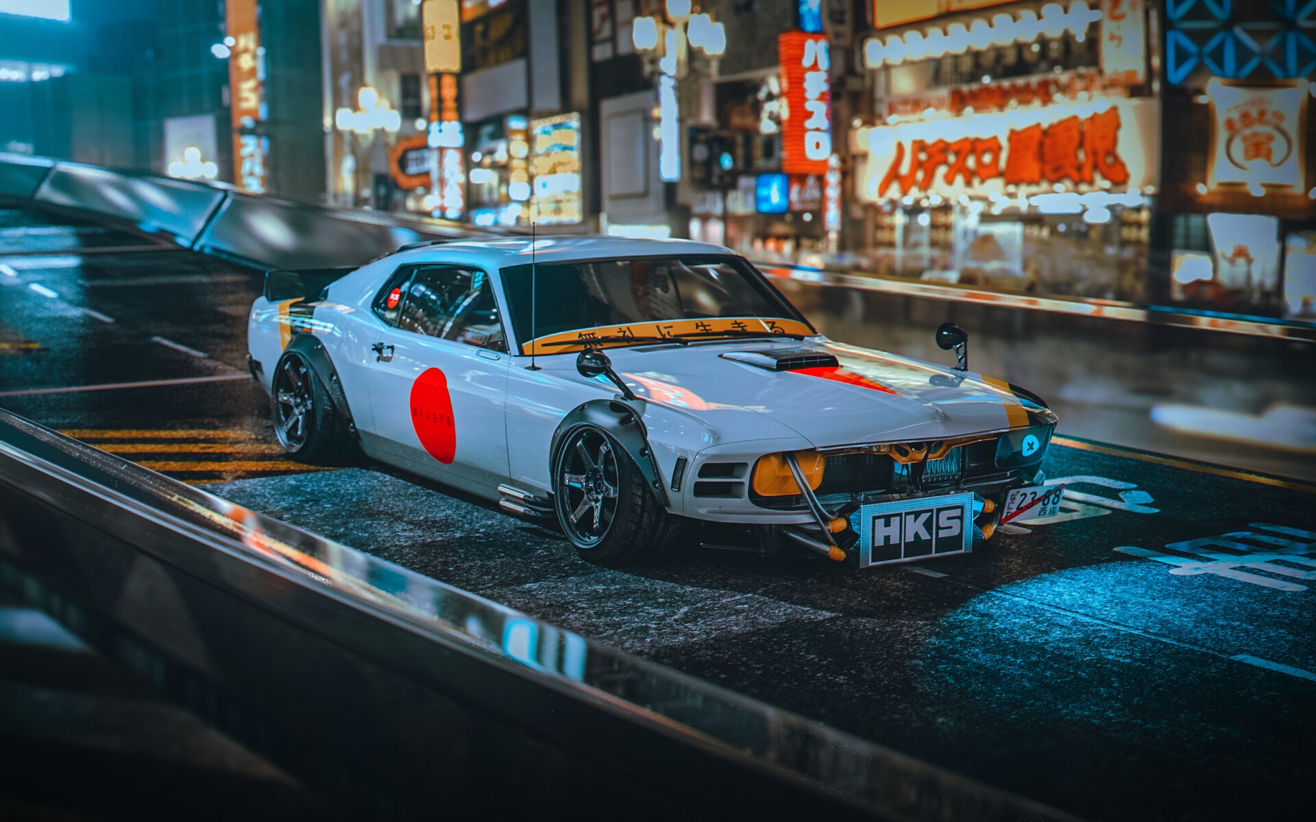 Modified white car with Japanese flag in a neon city HD Wallpaper