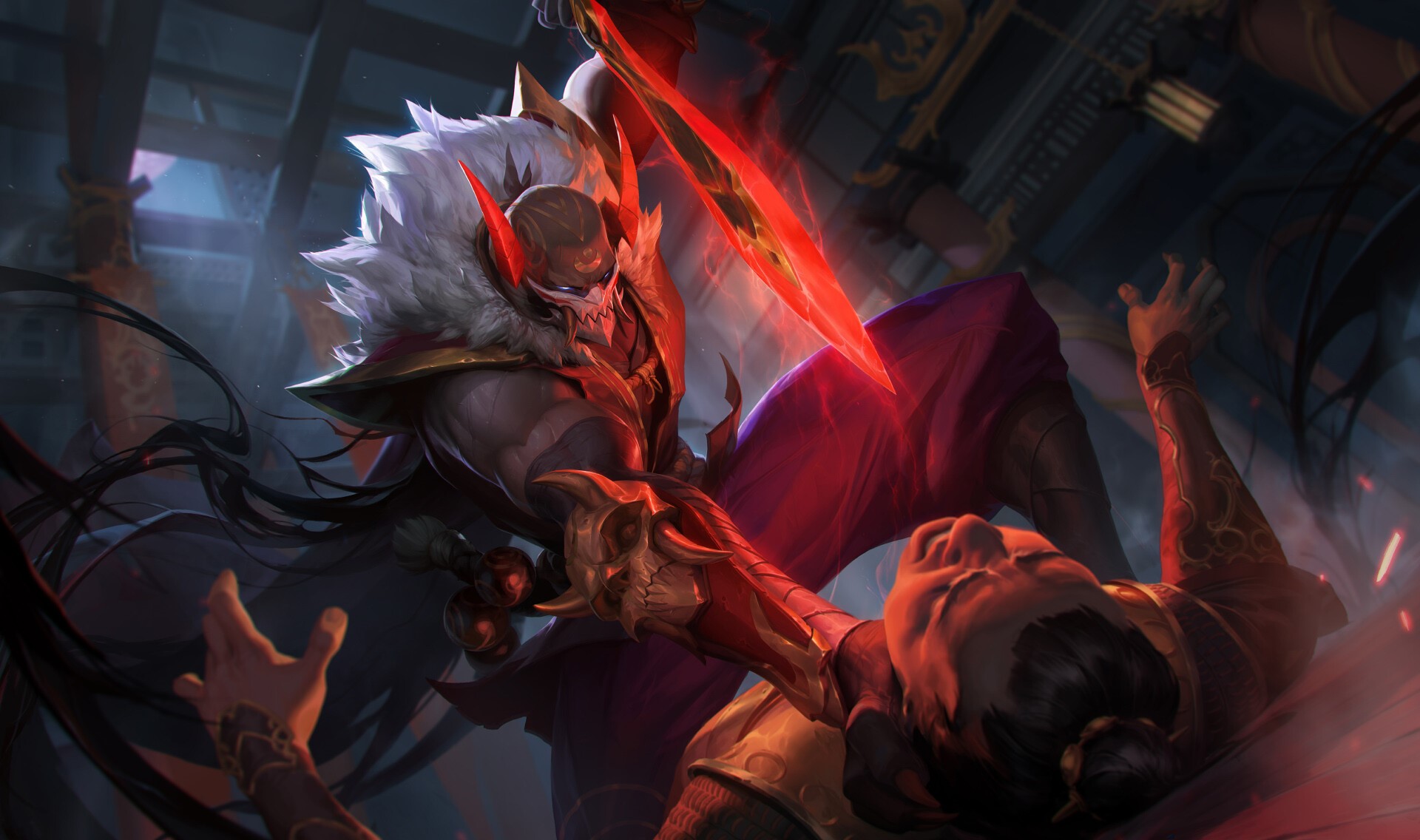 Master Yi from League of Legends attacking a person HD Wallpaper