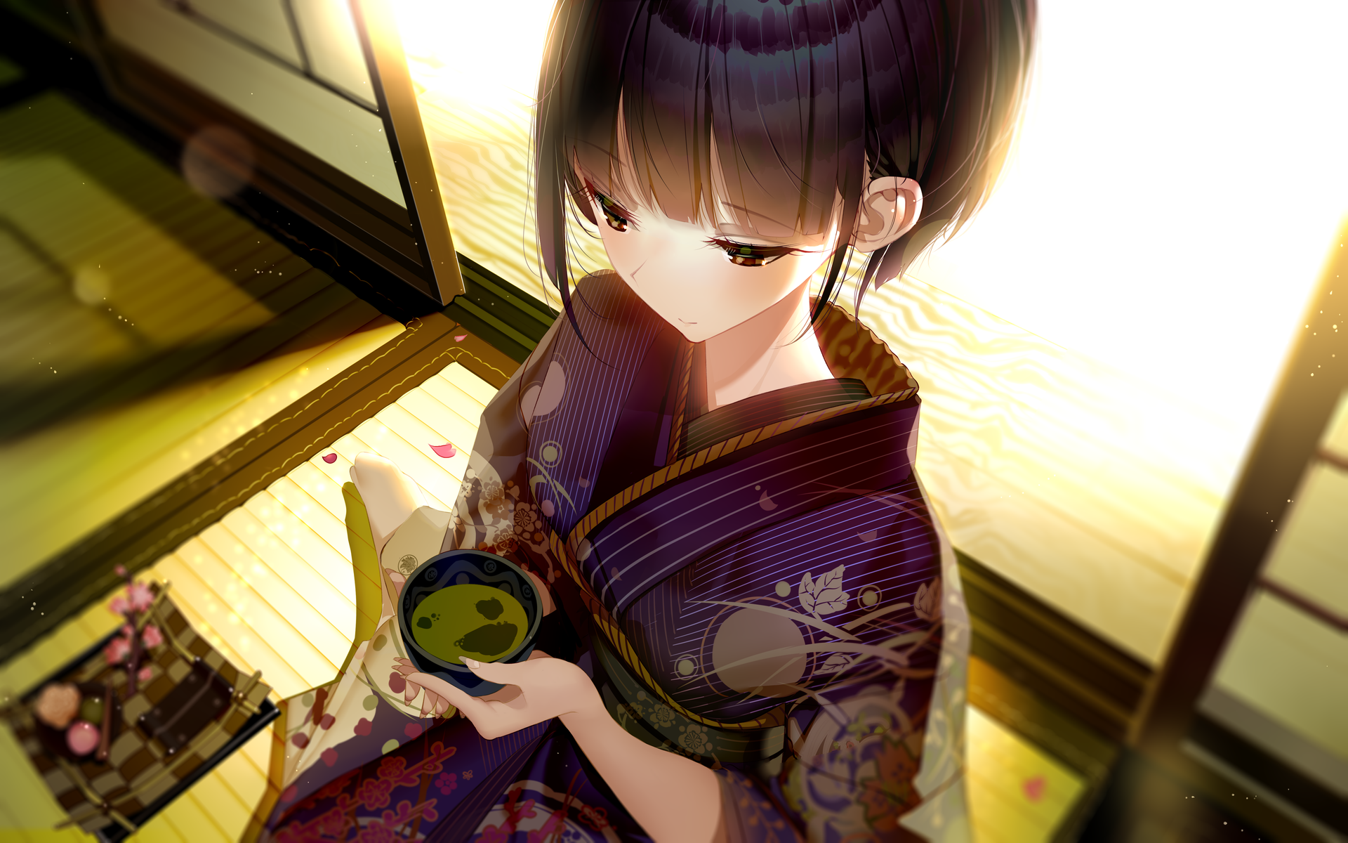 Anime girl in kimono holding a tea bowl indoors HD Wallpaper