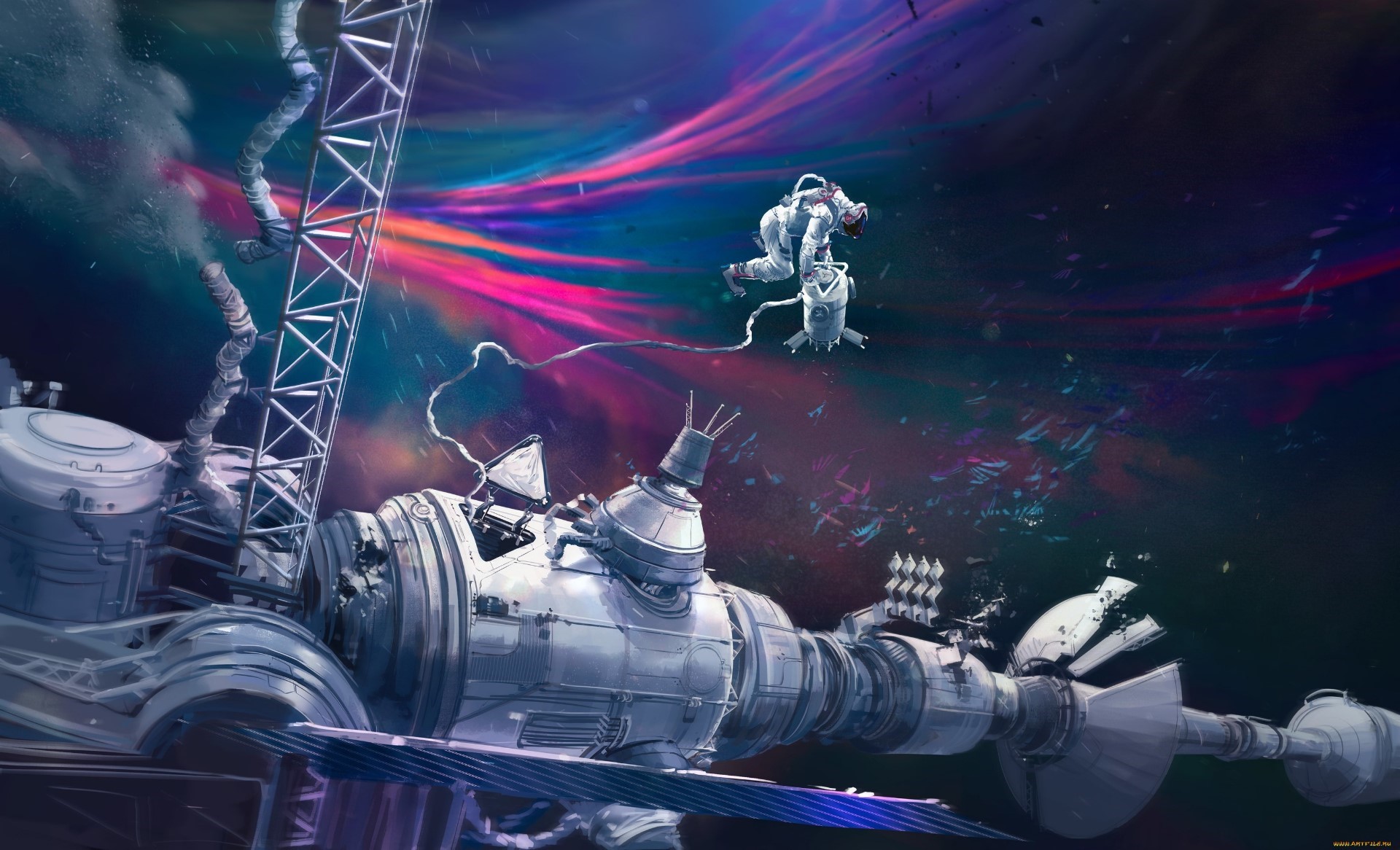 Astronaut and drone near a space station HD Wallpaper