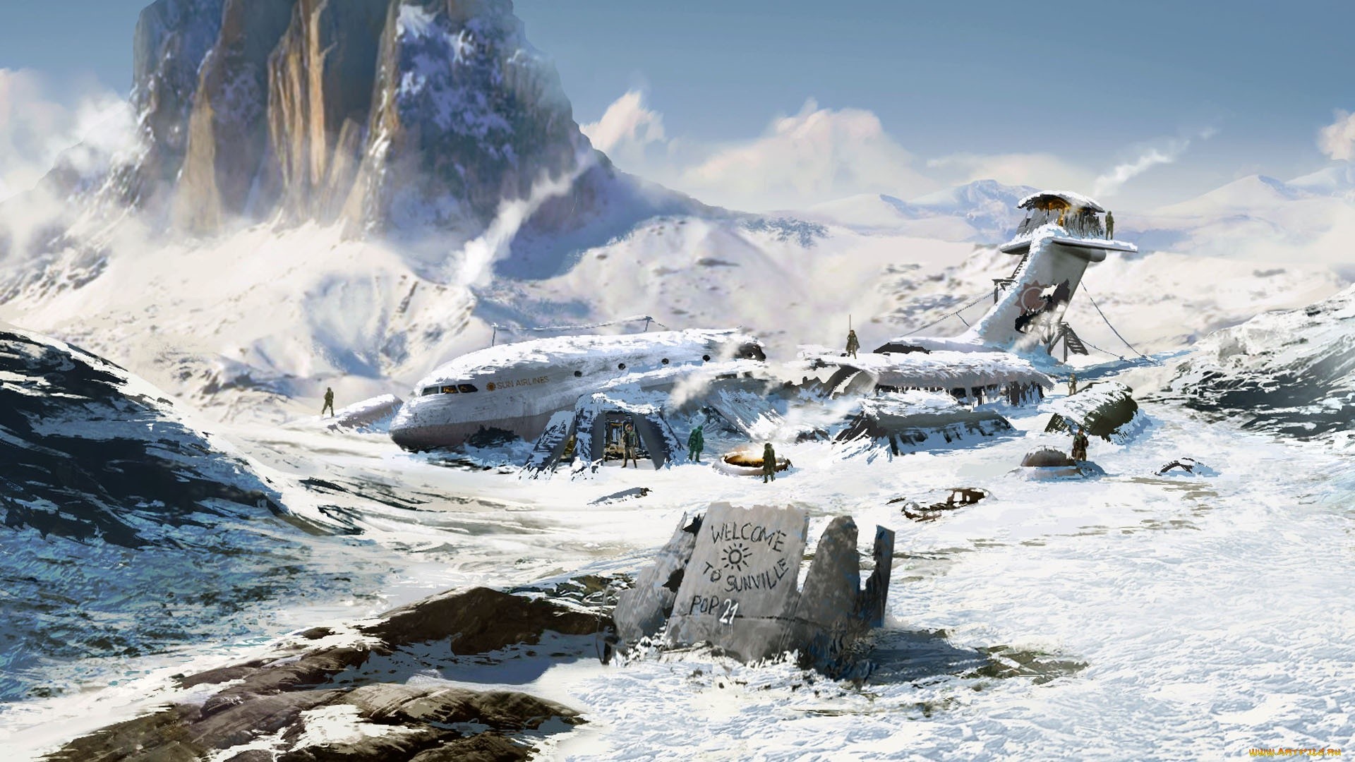 Artwork of a crashed airplane in a snowy mountain landscape HD Wallpaper