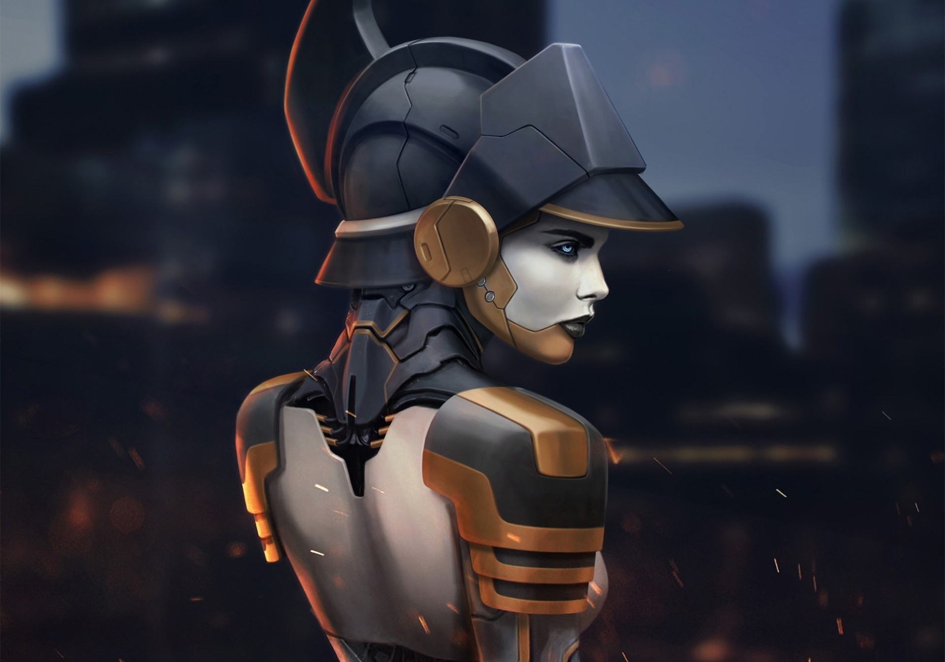 Robot woman with helmet in science fiction setting HD Wallpaper