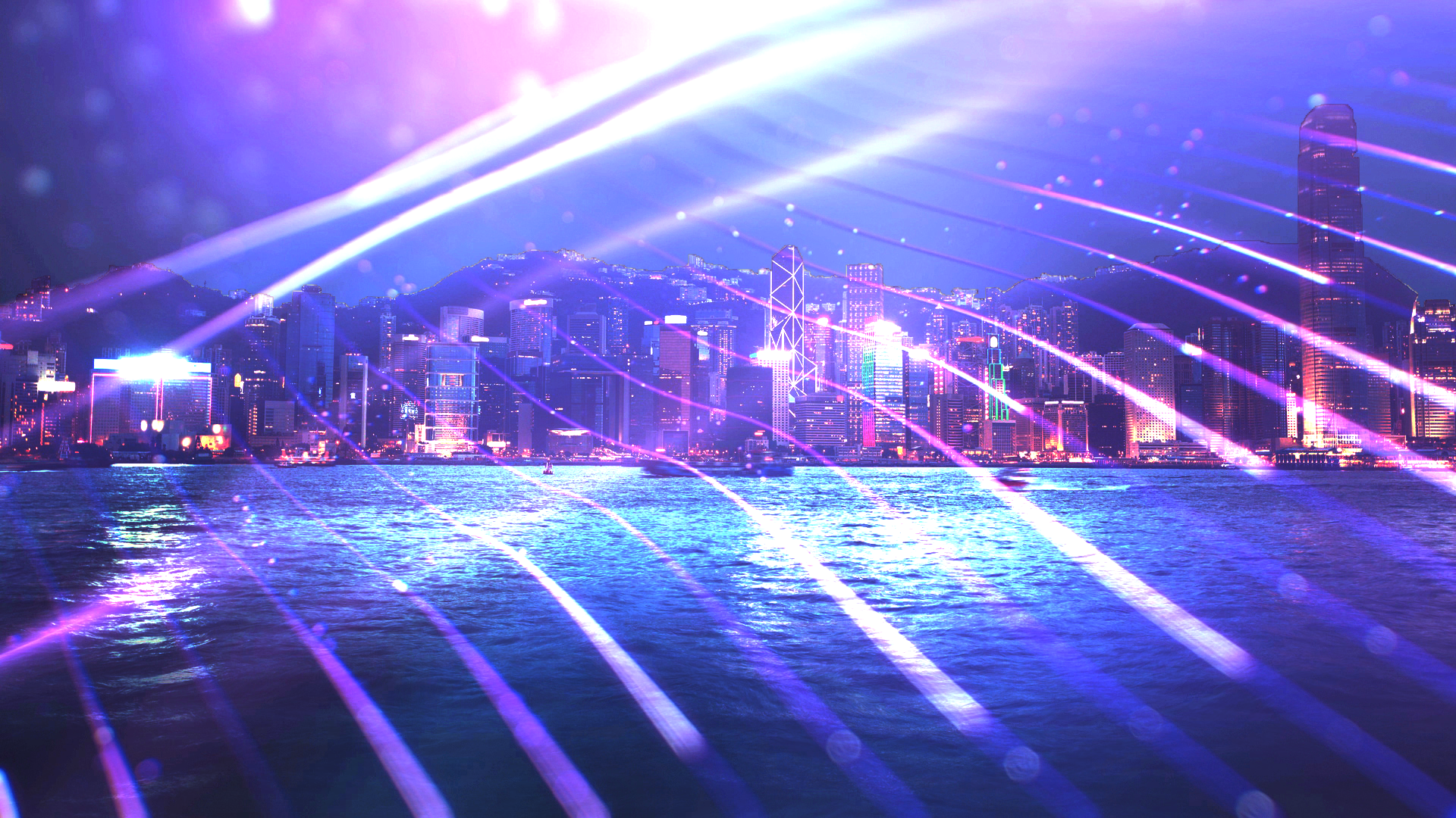 Hong Kong skyline with light show over water HD Wallpaper