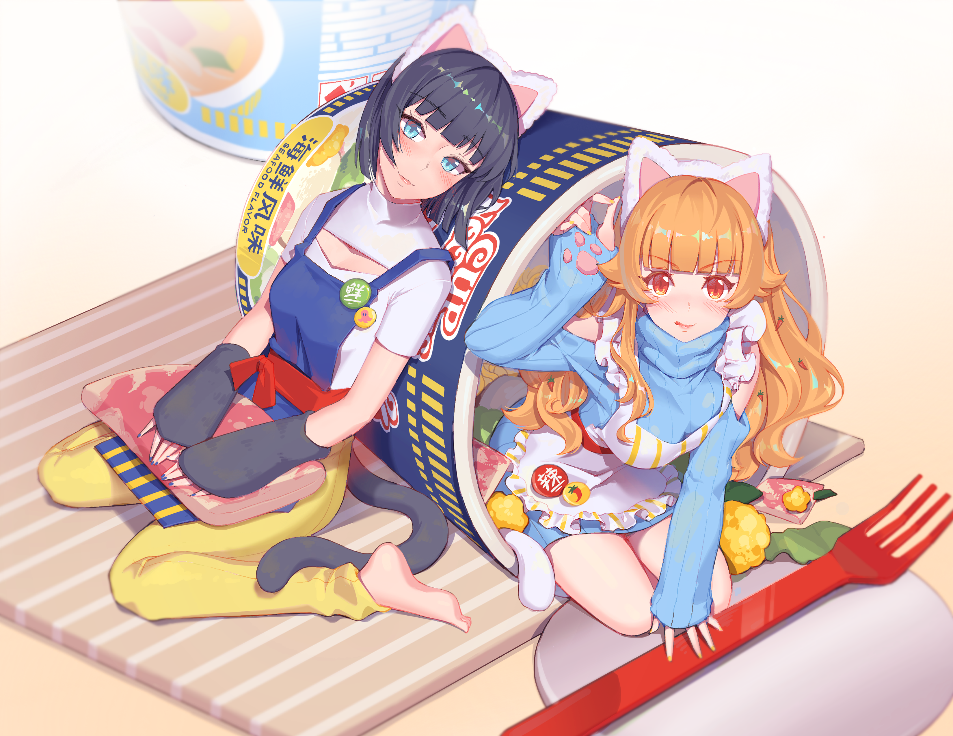 Two anime girls with cat ears sitting in a cup noodle container HD Wallpaper