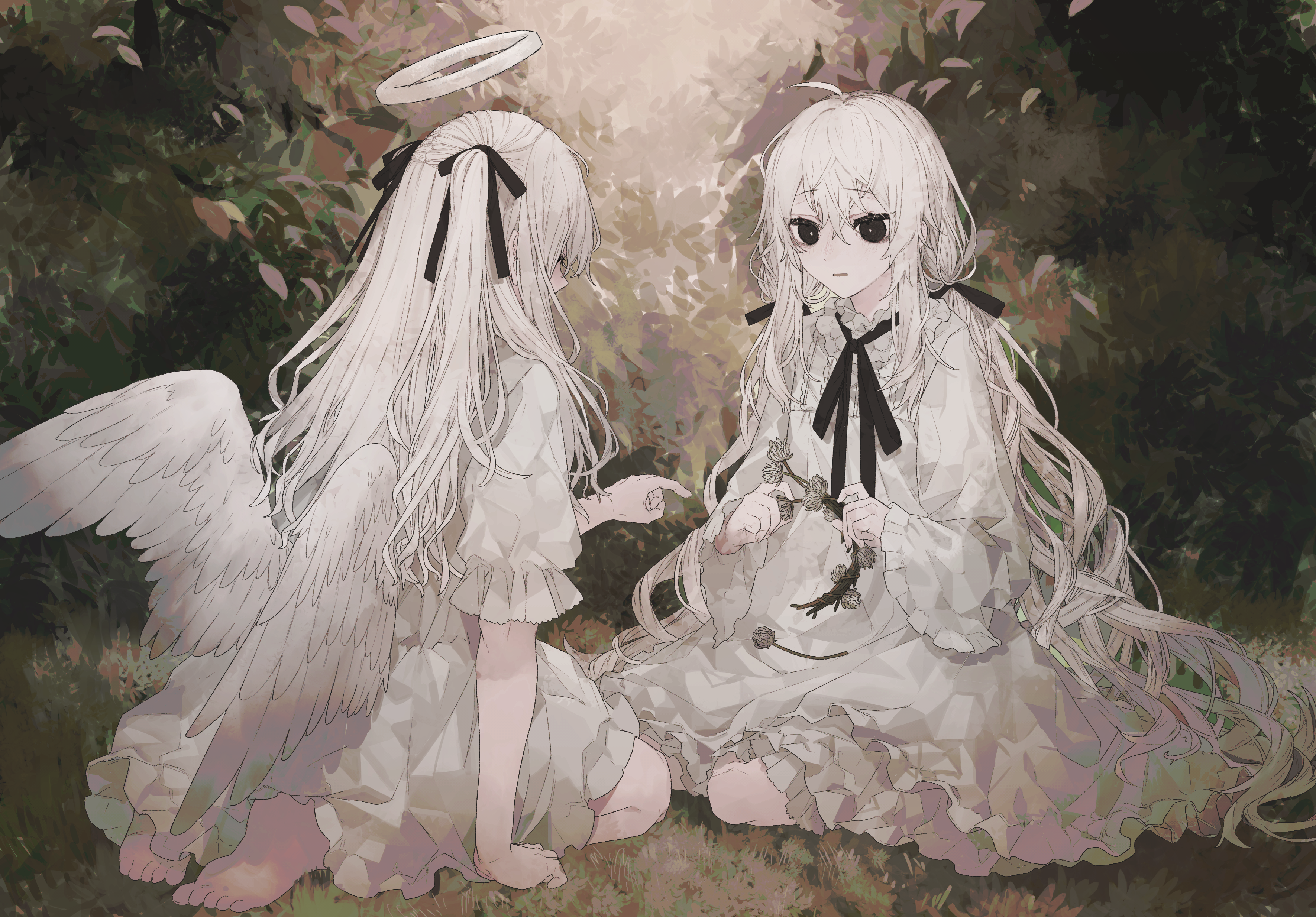 Two anime girls with white hair in a forest HD Wallpaper