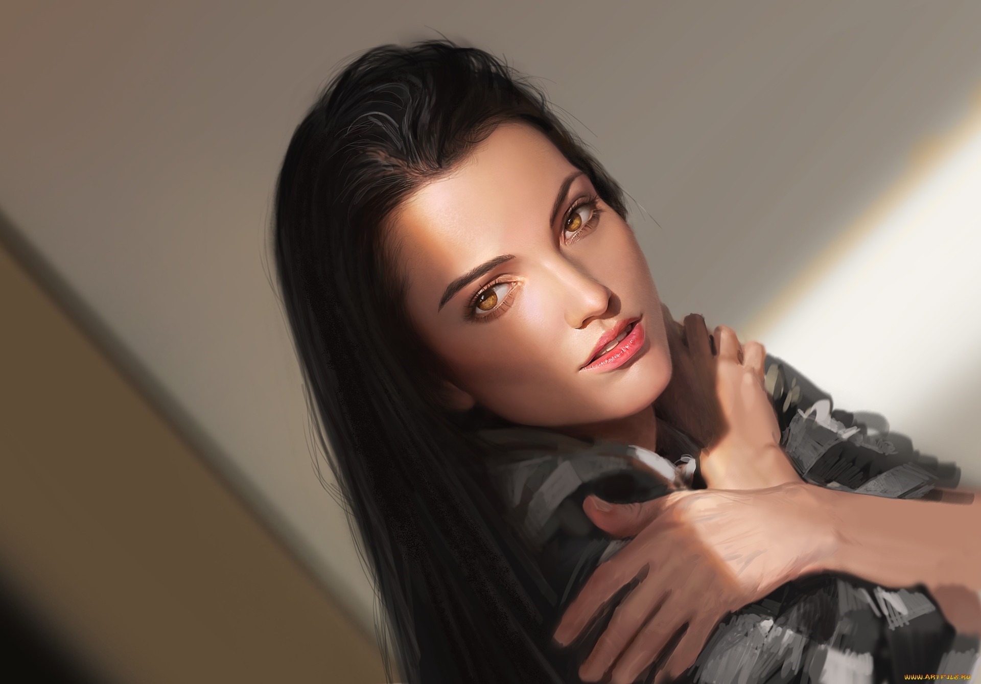 Artwork of a woman with dark hair and amber eyes HD Wallpaper