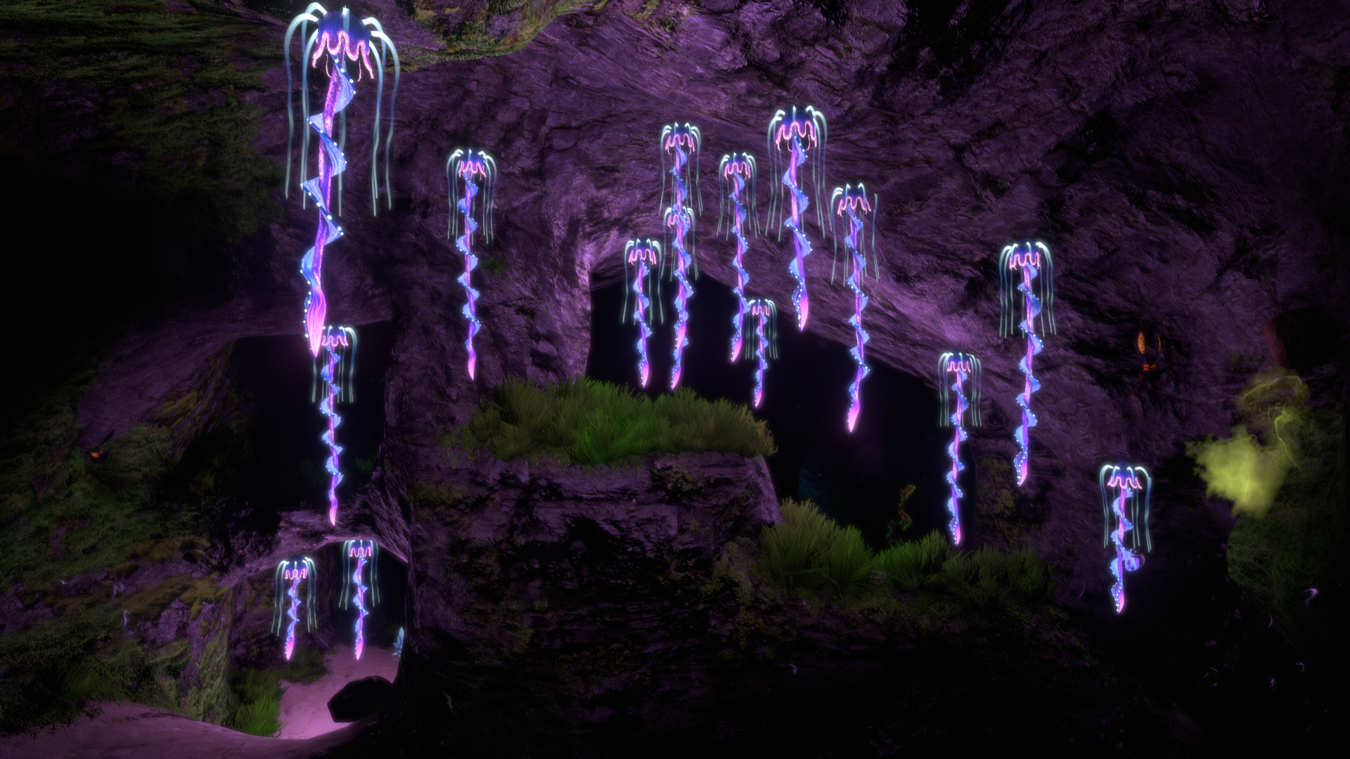 Bioluminescent jellyfish in a dark cave from Subnautica HD Wallpaper