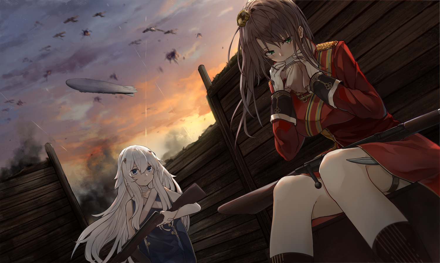 Anime girls with guns in a war scene HD Wallpaper