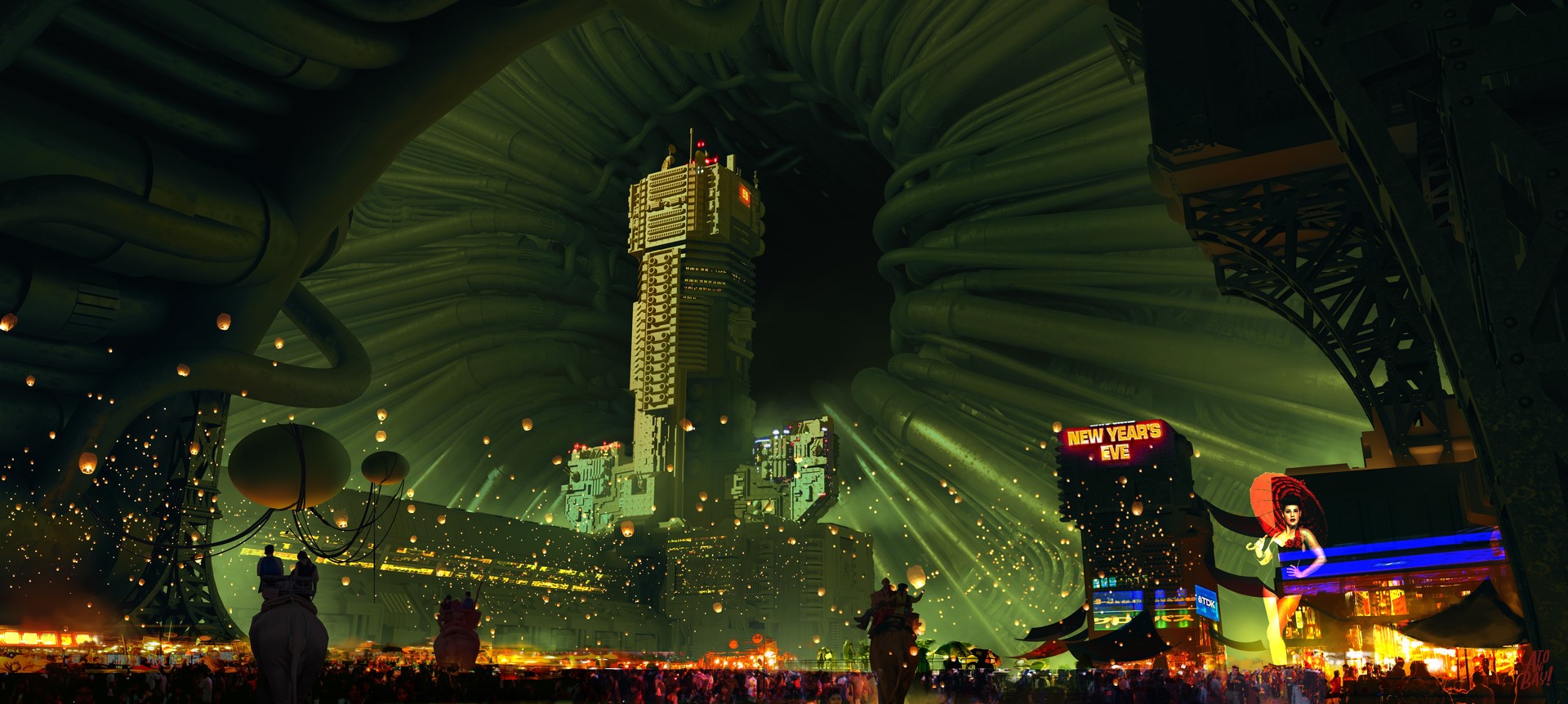 Futuristic cyberpunk city with New Year's Eve celebration HD Wallpaper