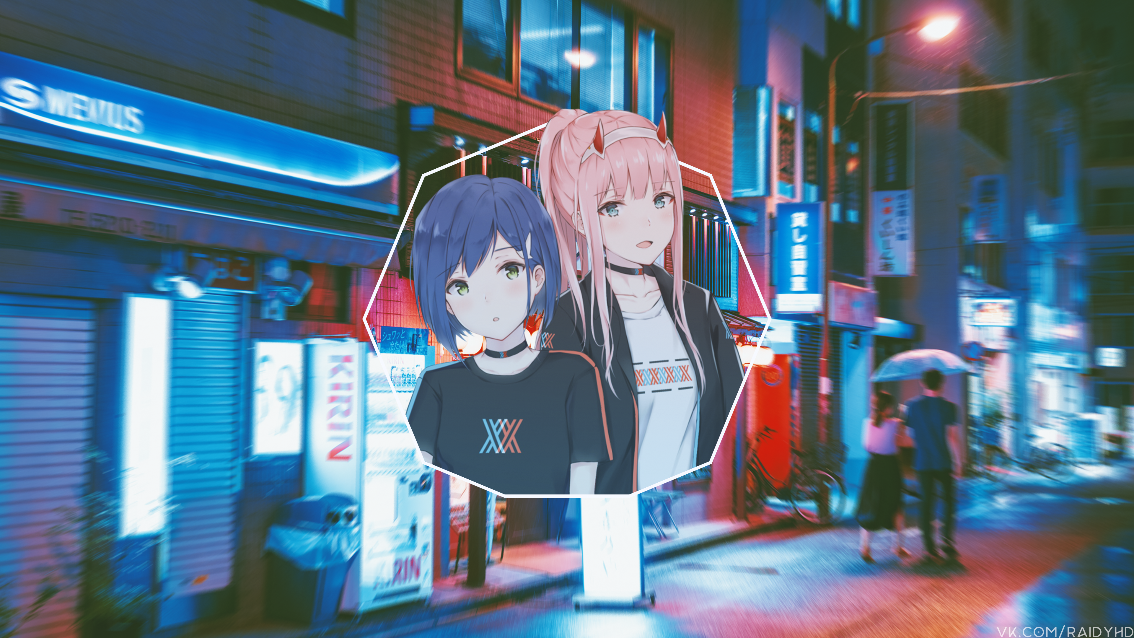 Zero Two and Ichigo from Darling in the FranXX in a city at night HD Wallpaper