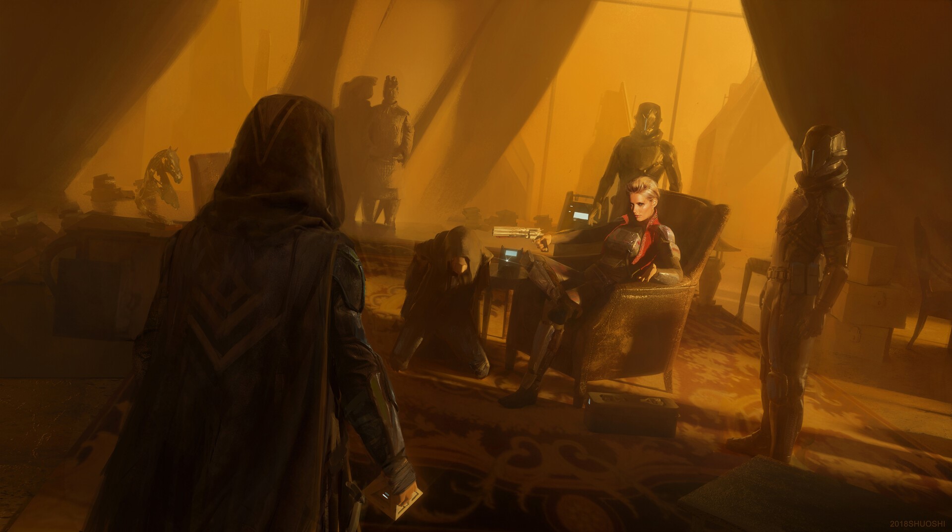 Futuristic soldiers and a woman in a room HD Wallpaper