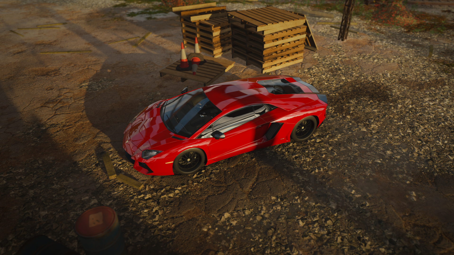 Red Lamborghini Aventador on a dirt road HD Wallpaper