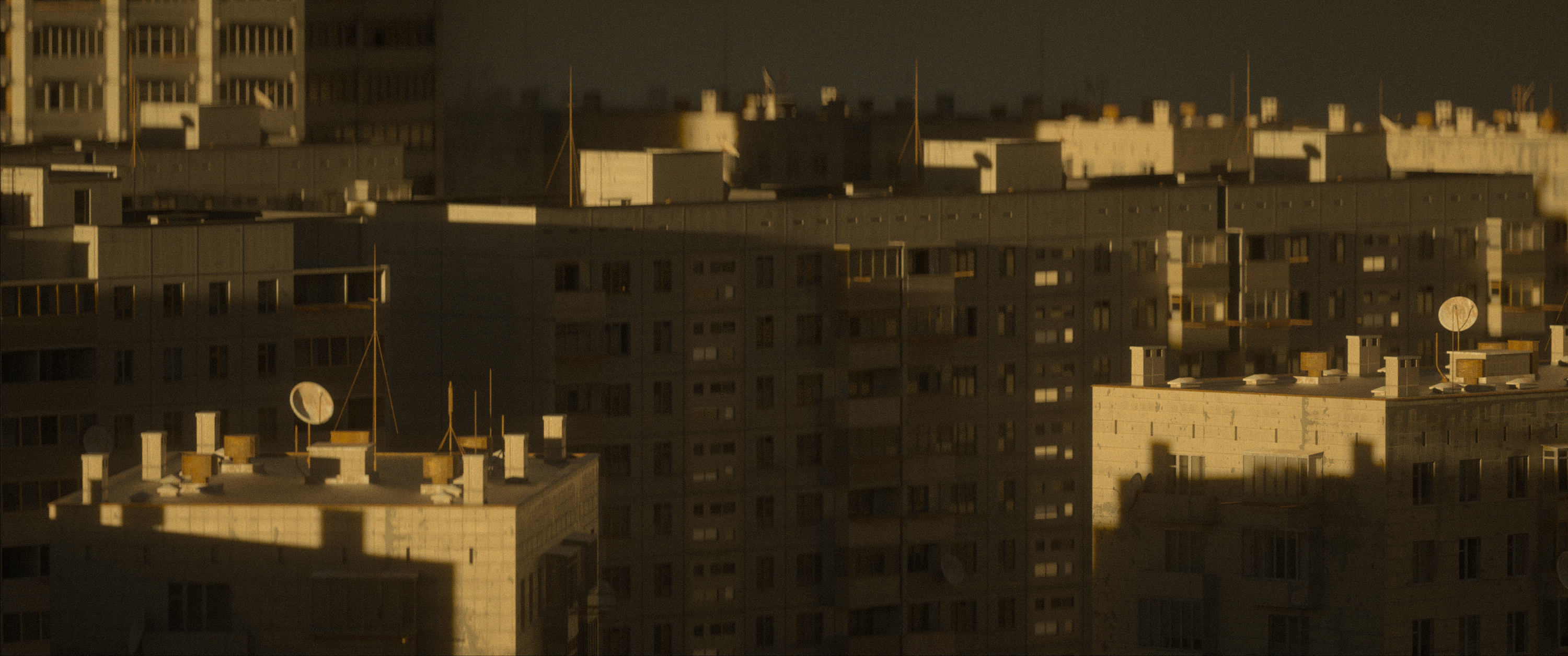 Cityscape with apartment buildings and satellite dishes HD Wallpaper