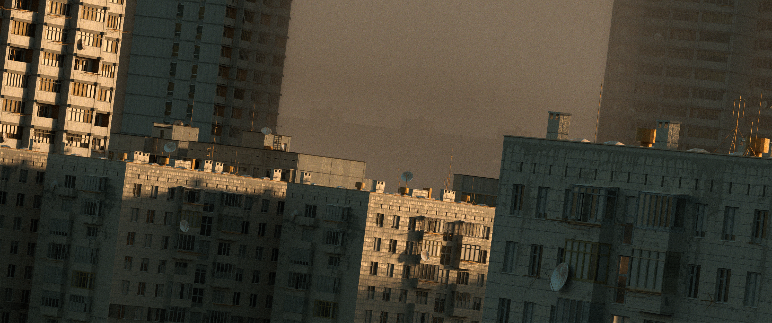 Soviet Union apartment buildings in hazy sunlight HD Wallpaper