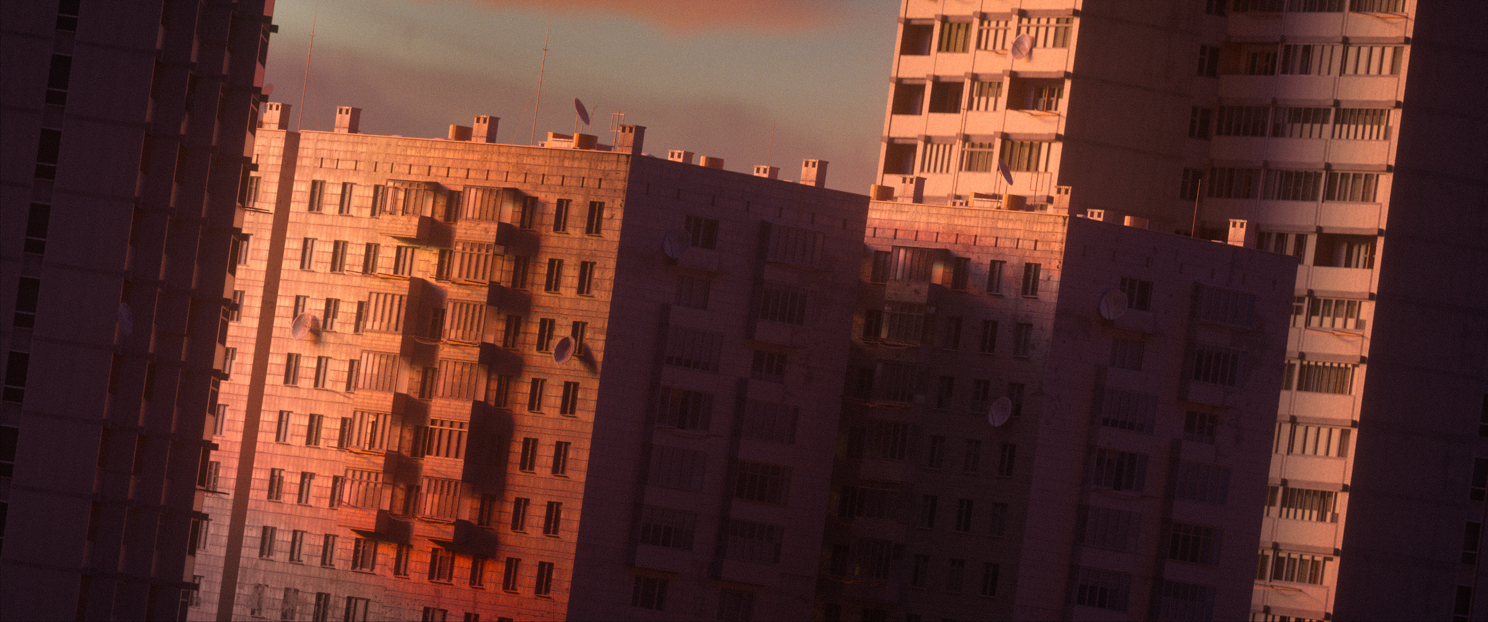 3D render of apartment buildings at sunset HD Wallpaper